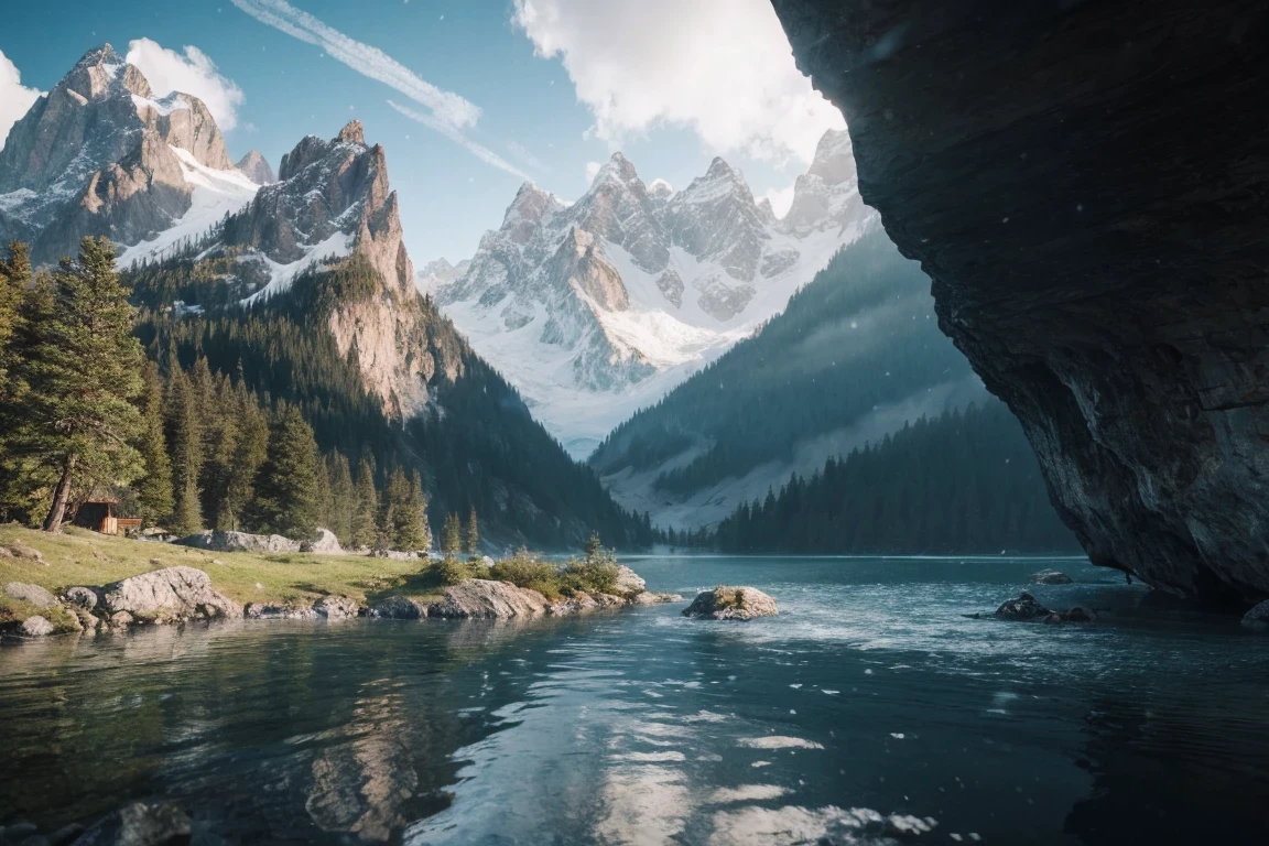 masterpiece, best quality, high quality, extremely detailed CG unity 8k wallpaper, scenery, outdoors,flower, cloud, day, no humans, mountain, landscape, water, tree, snowing, waterfall, cliff, nature, lake, river, snowflakes,award winning photography, Bokeh, Depth of Field, HDR, bloom, Chromatic Aberration ,Photorealistic,extremely detailed, trending on artstation, trending on CGsociety, Intricate, High Detail, dramatic, art by midjourney