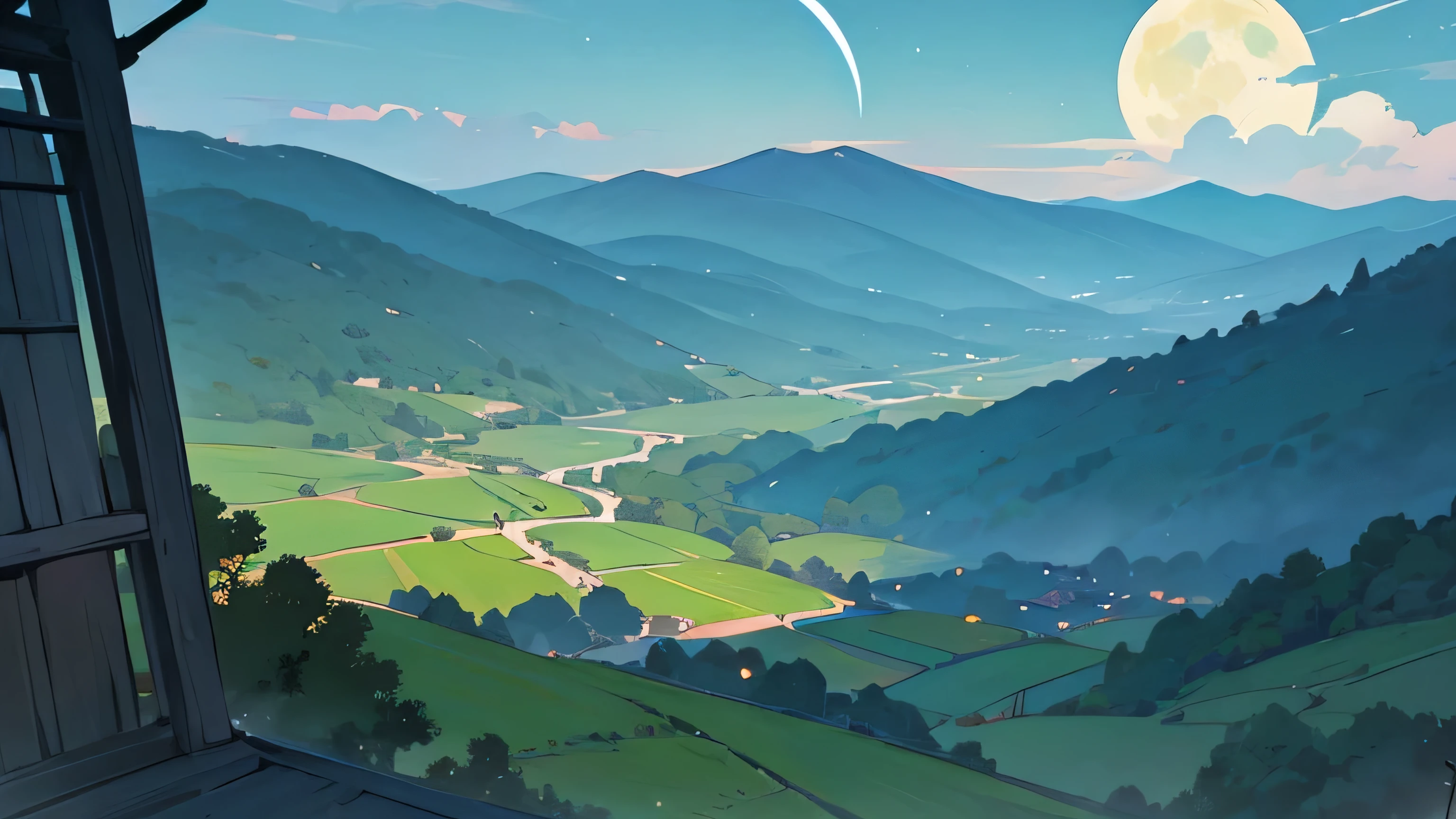 landscape painting with no one、scenery of folk tales、anime style、pastel tone、green mountain scenery、It's night and the moonlight is shining