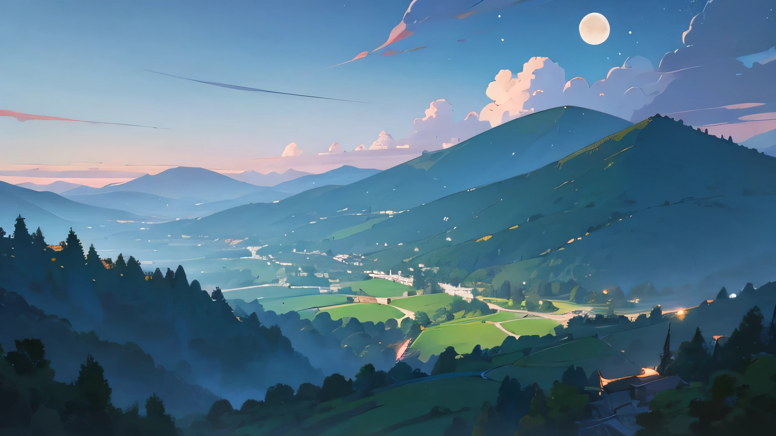 landscape painting with no one、scenery of folk tales、anime style、pastel tone、green mountain scenery、It&#39;s night and the moonlight is shining