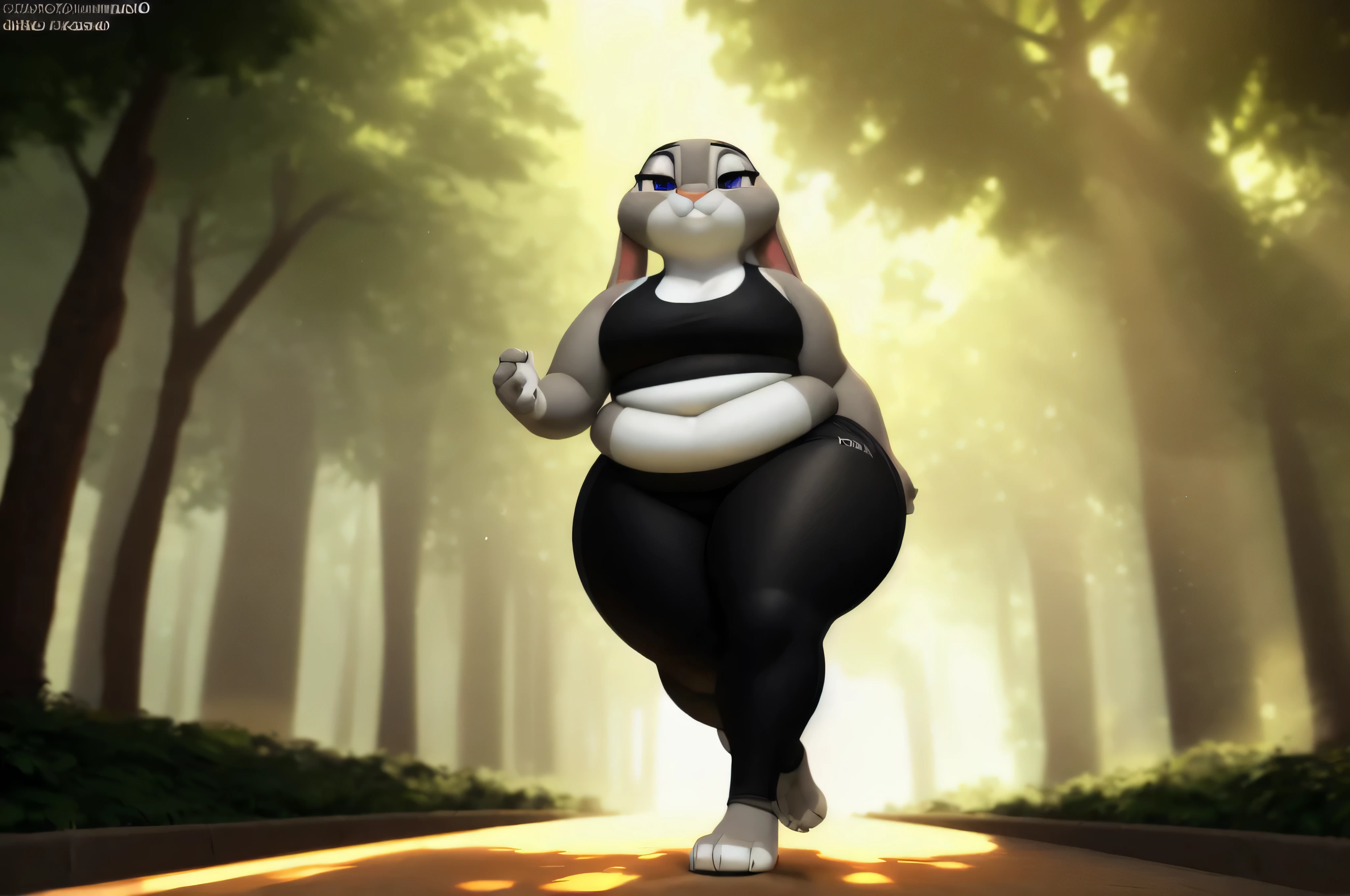[Judy Hopps], [hears bunny], [carregado para e621.liquid; (Pixelsketcher), (wamudraws), (siroque)], ((obra de arte)), ((retrato solo)), ((1 garota)), ((corpo todo)), ((1 garotas)), ((Foto CRU)), ((peludo; antropo)), ((pele detalhada)), ((Ray tracing)), ((sombreamento detalhado)), ((bela arte 3D)), ((ambient lighting)), {antropo rabbit; (pelo cinza, nariz preto, 2 orelhas de coelho multicoloridas), lindos olhos roxos, cansado, (lavender sports bra, black yoga pants, pequeno , Lindas pernas), (beautiful feet; 4 dedos)}, ((Running on the sidewalk; suando) pose atraente), [fundo; (parque; (nascer do sol, sol brilhante, green trees, sun rays through trees], bbw, very fat, obese, big thighs, massive thighs, large waist, cute fat face, fat arms, big 
