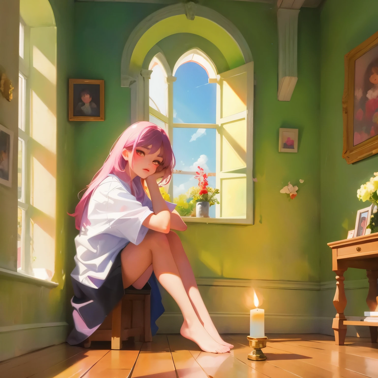 （Oil painting)，（la mejor calidad），a vampire girl sitting on the floor in a room with a candle in her hand. Colores pastel al estilo impresionista 