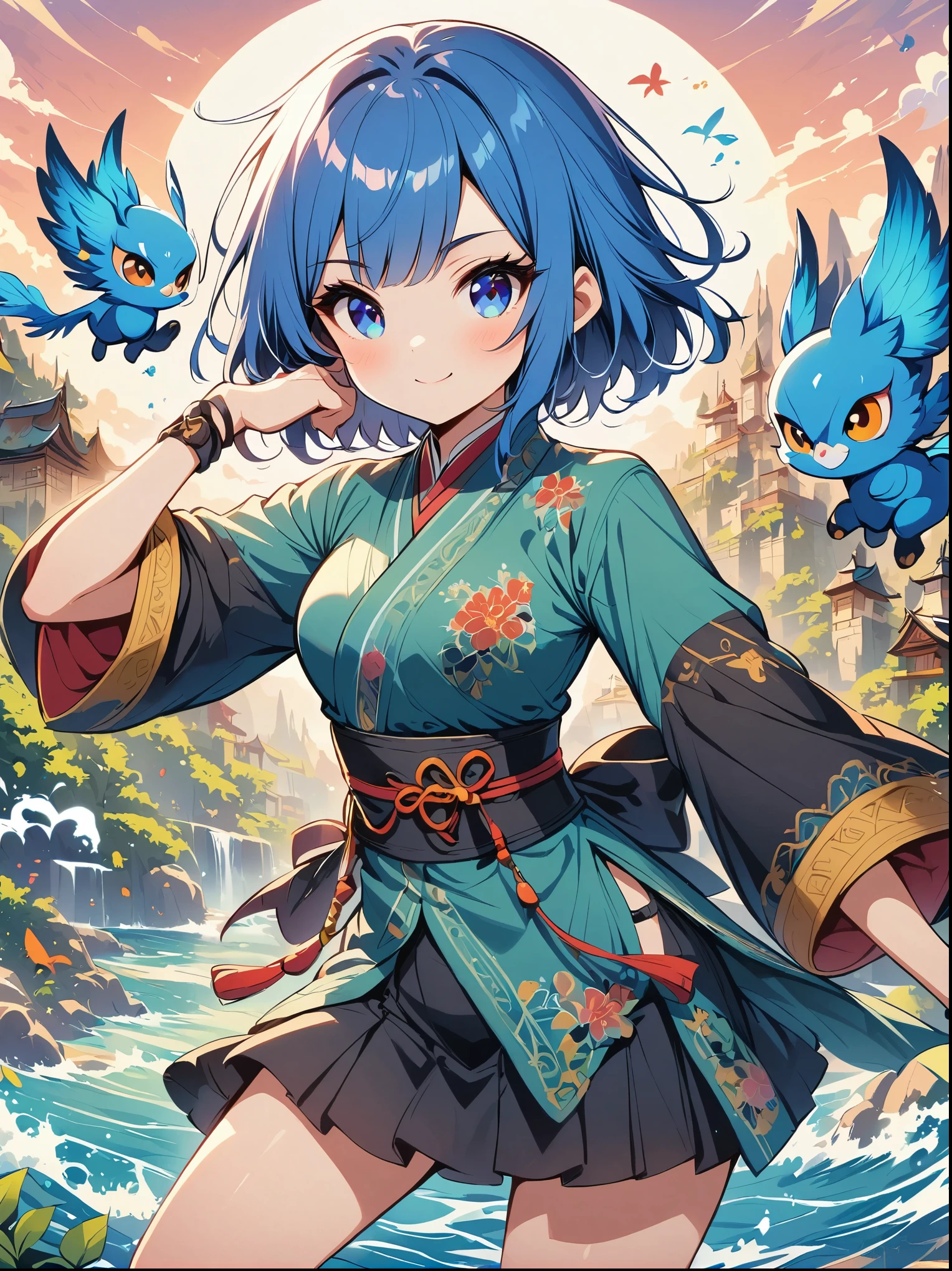 Girl with short hair, blue hair, blue eyes, confident smile, corrected limbs