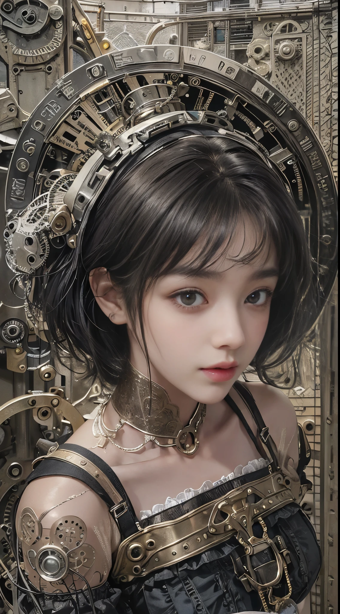 (((masterpiece, highest quality, Super detailed))), 1 female, (((very thin body))) , (((length, thin legs))), (((black short bob, thick fluffy bangs ))), (((highly detailed face))), No cosmetics, small and thin nose, thin mouth with small lips, (((Very sharp focused eyes))), Precise pale gray eyes with large slits, shine like a jewel, length eyelashes, ((Highly decorative intricate mechanical steampunk fashion, Lace Flare Mini Skirt, above the knee lace stockings, Lace Off Shoulder Lolita Fashion, Overly decorative fashion)), Abandoned Night, Complex mechanized steampunk factory catches fire and explodes, (((Overall accuracy has been dramatically improved, creating a Super detailed and realistic image))), super realistic photos, (((steampunk gun)))