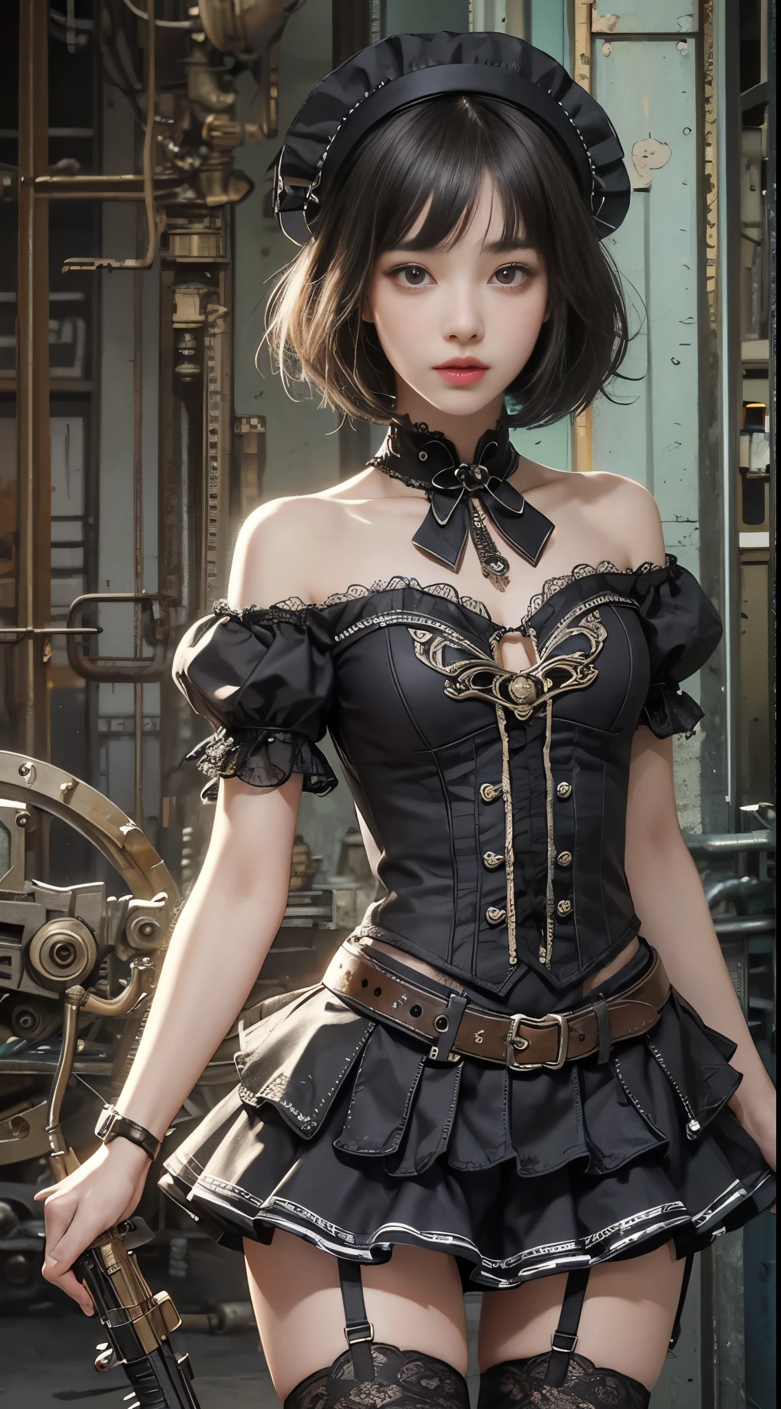 (((masterpiece, highest quality, Super detailed))), 1 female, (((very thin body))) , (((length, thin legs))), (((black short bob, thick fluffy bangs ))), (((highly detailed face))), No cosmetics, small and thin nose, thin mouth with small lips, (((Very sharp focused eyes))), Precise pale gray eyes with large slits, shine like a jewel, length eyelashes, ((Highly decorative intricate mechanical steampunk fashion, Lace Flare Mini Skirt, above the knee lace stockings, Lace Off Shoulder ta Fashion, Overly decorative fashion)), Abandoned Night, Complex mechanized steampunk factory catches fire and explodes, (((Overall accuracy has been dramatically improved, creating a Super detailed and realistic image))), super realistic photos, (((steampunk gun)))
