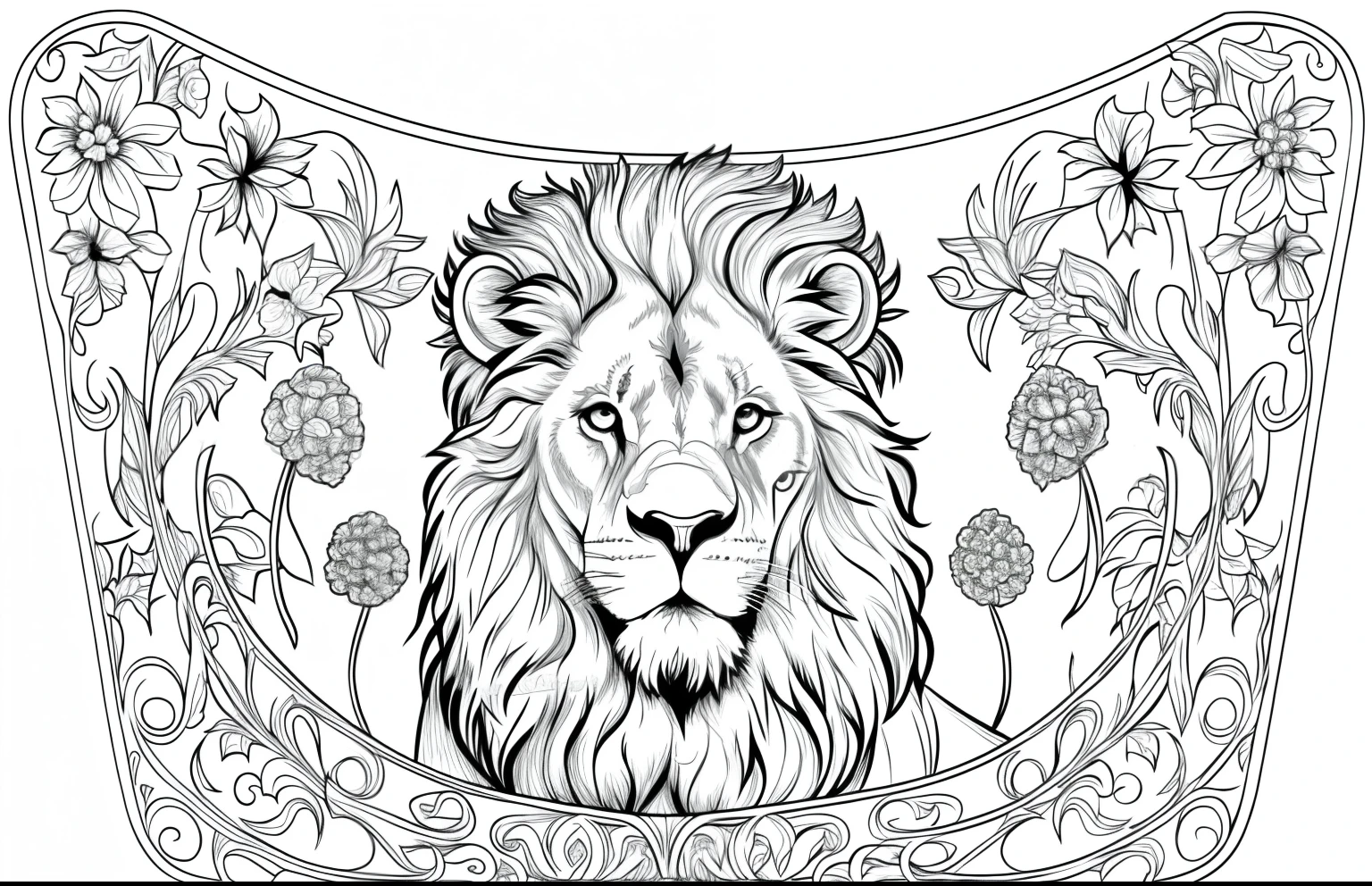 （monochrome, Adult coloring page, Vectorization）椭round包袋上的lion矢量设计，Simple thick line drawing，Patterned edges，正面是一只巨大的lion，head的简约线描，round，periphery，round，vine，lion，head，开花的vine，White background, clean line drawing, , thin line art，no shadow，smooth lines，best quality, High resolution, Detailed background, high contrast。