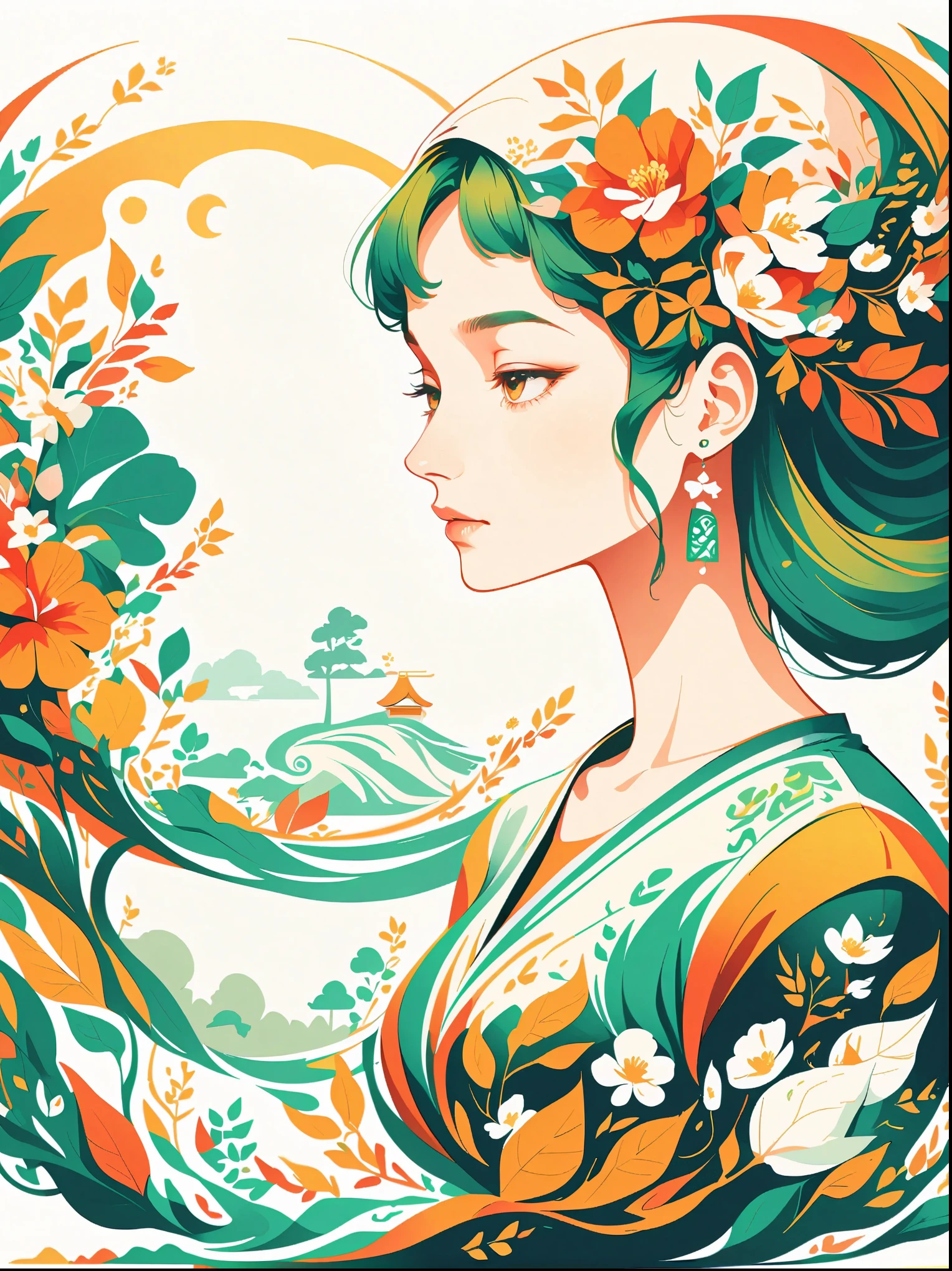 Vector flat illustration art,Create digital artwork in pop art style, Featuring a young Asian girl who is full of energy and confidence,Dress in street fashion, movie color scheme, Surrounded by vintage floral patterns, Vibrant strokes,Emotions should be dynamic, Upper body, , illustration, Grayscale, tropical, Vintage fruit, Vintage plants, Many flowers,White background,The murmur of Chinese calligraphy,vivid,flash,reflection,best number,8K,high definition,high resolution,double exposure,Beautiful digital illustration,Evander Earle style,fine details,Paul Signac style,beautiful details