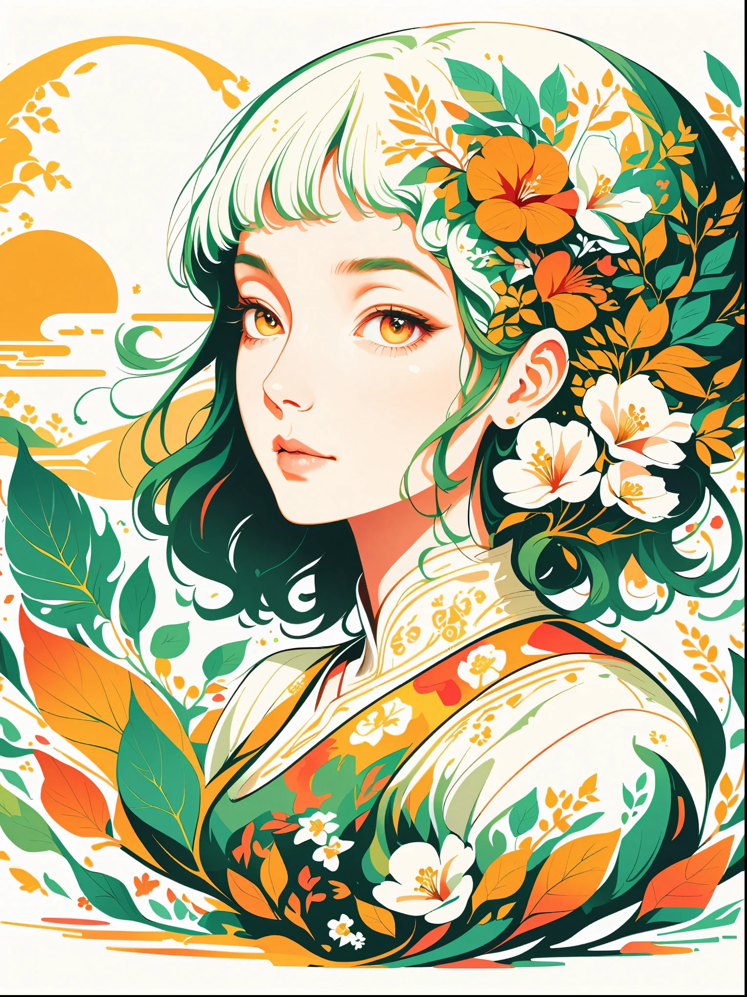 Vector flat illustration art，Create digital artwork in pop art style, Featuring a young Asian girl who is full of energy and confidence，Dress in street fashion, movie color scheme, Surrounded by vintage floral patterns, Vibrant strokes,Emotions should be dynamic, Upper body, , illustration, Grayscale, tropical, Vintage fruit, Vintage plants, Many flowers，White background，The murmur of Chinese calligraphy，vivid，flash，reflection，best number，8K，high definition，high resolution，double exposure，Beautiful digital illustration，Evander Earle style，fine details，Paul Signac style，beautiful details