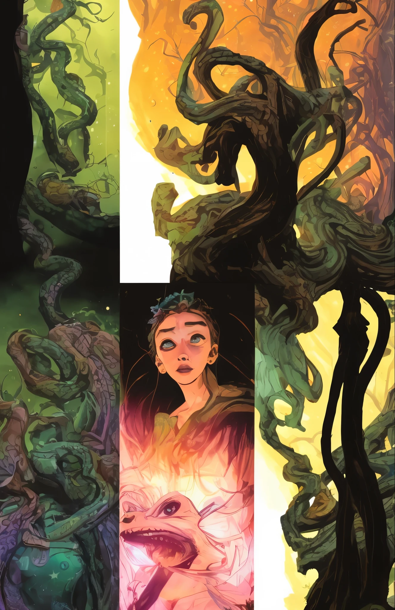  there are three panels on top and three on bottom, each with a distinct medusa in an alien landscape, otherworldly unknown world background, pine barrens on alien hostile wicked vile sinister planet,  six vertical panel comic, ink figure style, medusa, drawn in ink expressive harsh strokes like sean gordon murphy, with the aesthetics of joelle jones, 6 panel splash page, in a cinematic poster style with double expsure, image within image, optical illusion, cohesive full length portrait, Gorgon at nautical twilight in pine barrens, cosmic constellations dot the sky, medusa wearing ornate black-metal corpsepaint face paint, snake skin dress, snake-haired,