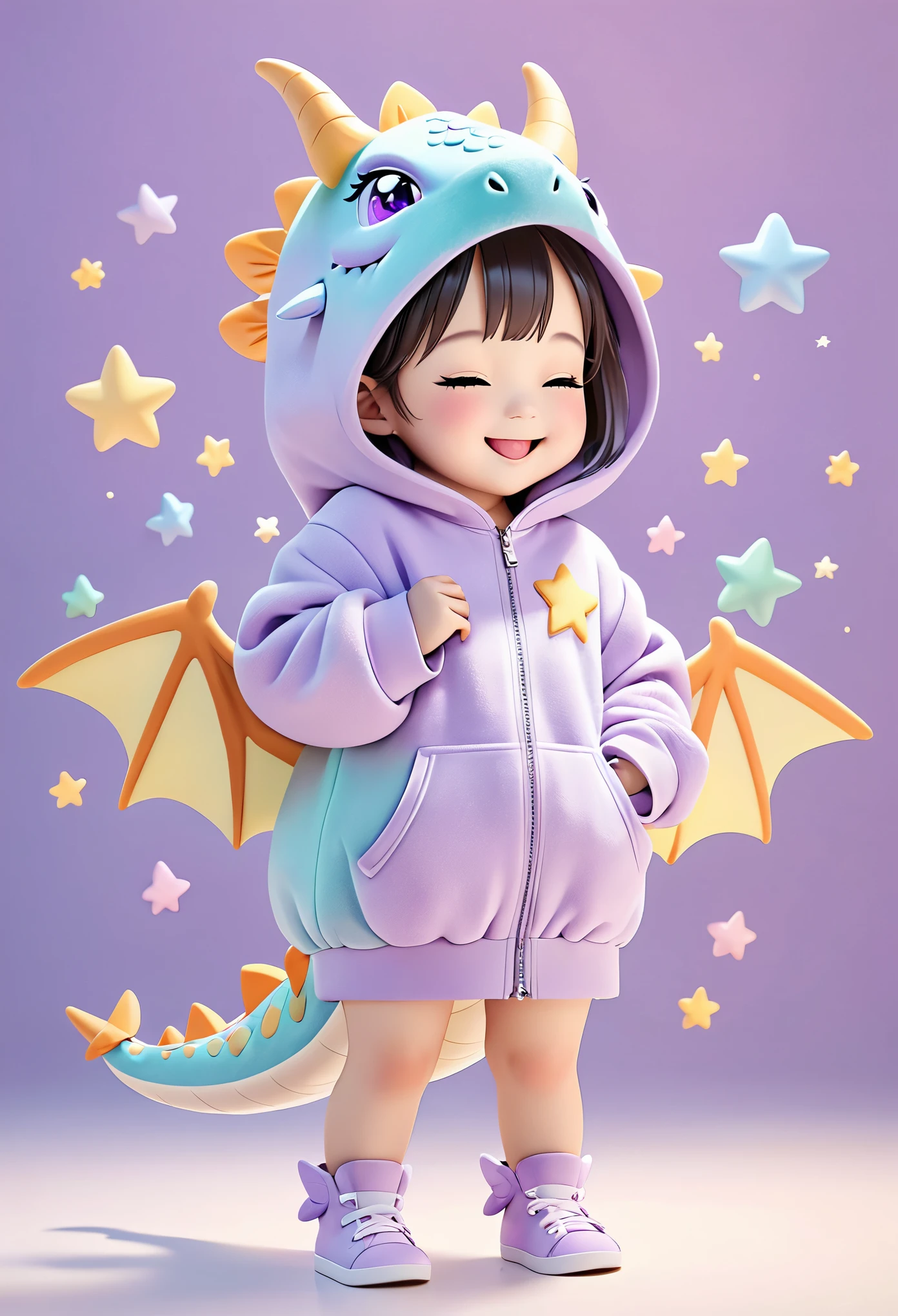 MG_ip,3D illustration,character,cute,cartoon style,child,dragon costume,purple,blushing,smiling,closed eyes,horned hood,wings,full-body shot,whimsical,soft lighting,high-quality image,toy dinosaur,star shapes,pastel colors,zipper,hoodie,pockets,playful pose,digital art.,
