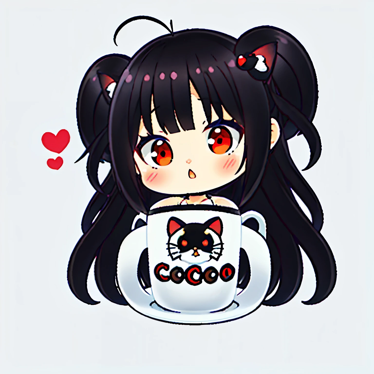 1girl, chibi, orejas de gato, beso, yuri, coffee mug, symmetrical pose, cola, frotar la cabeza, en taza, Speak heart, ojos rojos
