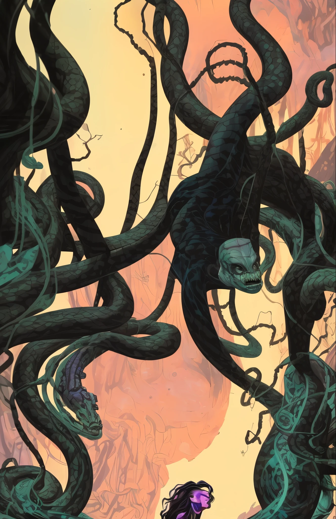  there are three panels on top and three on bottom, each with a distinct medusa in an alien landscape, otherworldly unknown world background, pine barrens on alien hostile wicked vile sinister planet,  six vertical panel comic, ink figure style, medusa, drawn in ink expressive harsh strokes like sean gordon murphy, with the aesthetics of joelle jones, 6 panel splash page, in a cinematic poster style with double expsure, image within image, optical illusion, cohesive full length portrait, Gorgon at nautical twilight in pine barrens, cosmic constellations dot the sky, medusa wearing ornate black-metal corpsepaint face paint, snake skin dress, snake-haired,