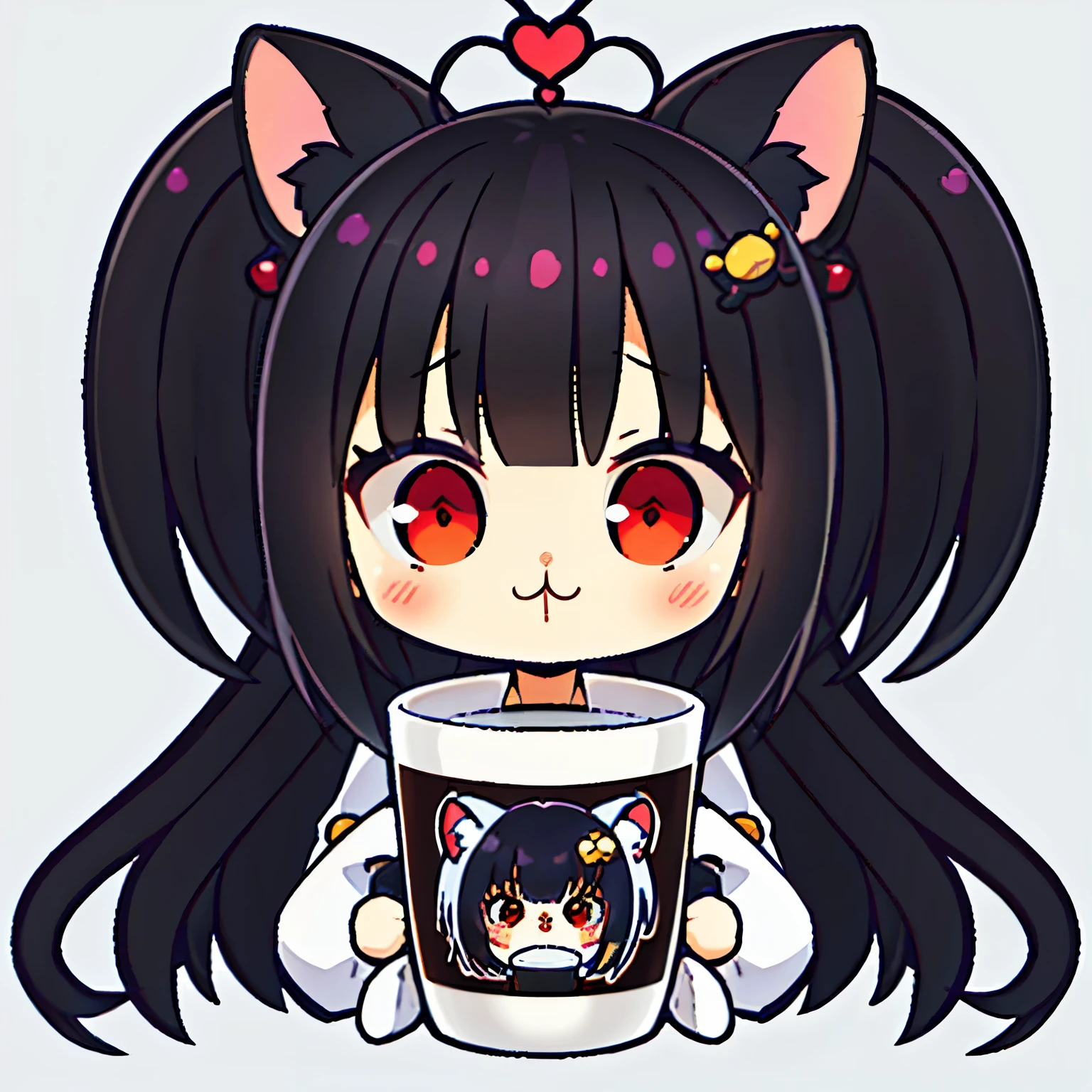 1girl, chibi, orejas de gato, beso, yuri, coffee mug, symmetrical pose, cola, frotar la cabeza, en taza, Speak heart, ojos rojos