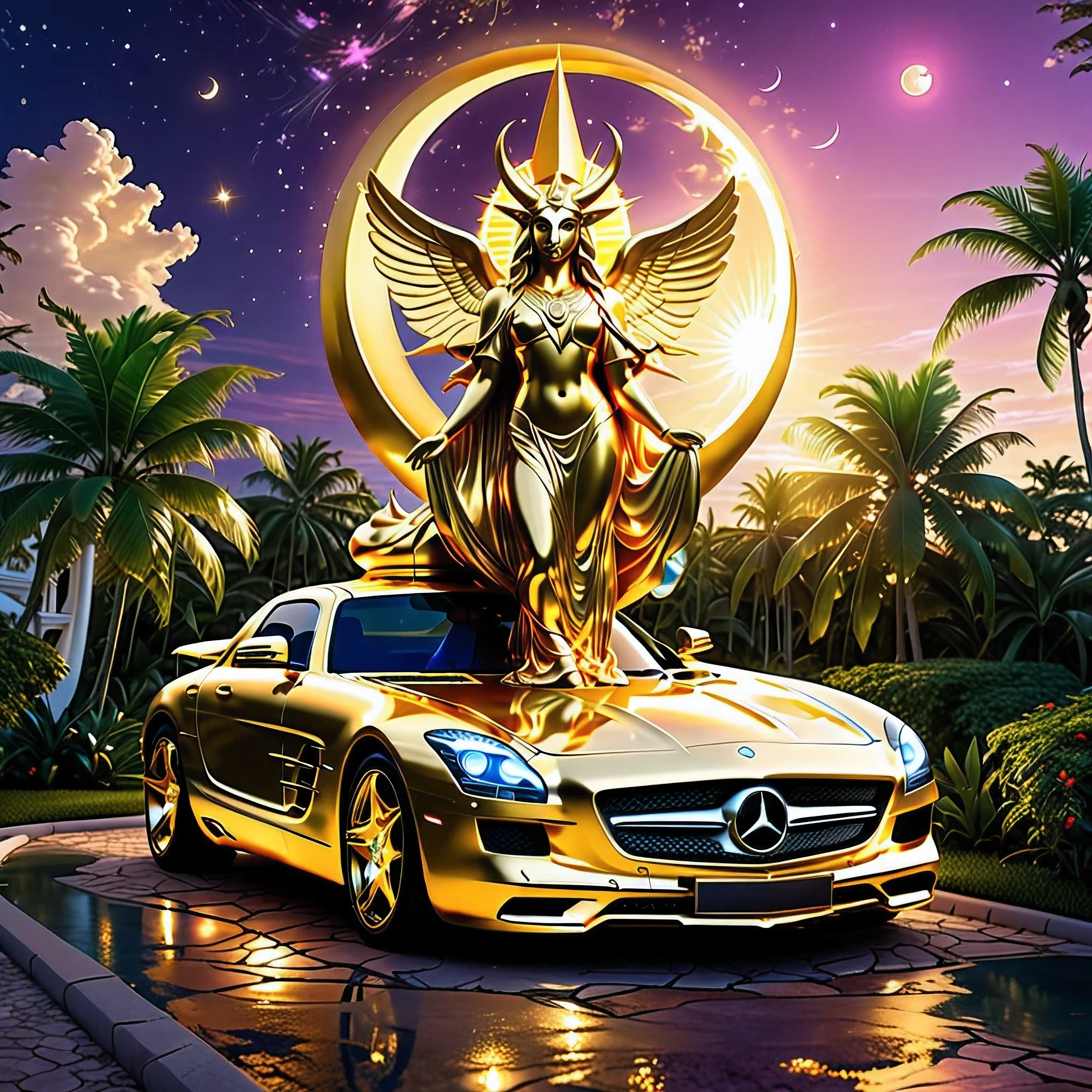 The prompt for the first theme is as follows: "Achieving success, facing mortality, golden ingots, vibrant Miami, luxurious Mercedes, golden SLS, Baphomet statue, along the path, crescent moon on the left, sun on the right, lavish lifestyle, glimmers of hope, surreal dreams, twilight hues, mesmerizing glow, luminous energy, infinite possibilities, divine intervention, the allure of gold, symbolic journey, hidden secrets, enchanted whispers." Remember to remove the explanations and make sure the prompt meets all the formatting requirements.
