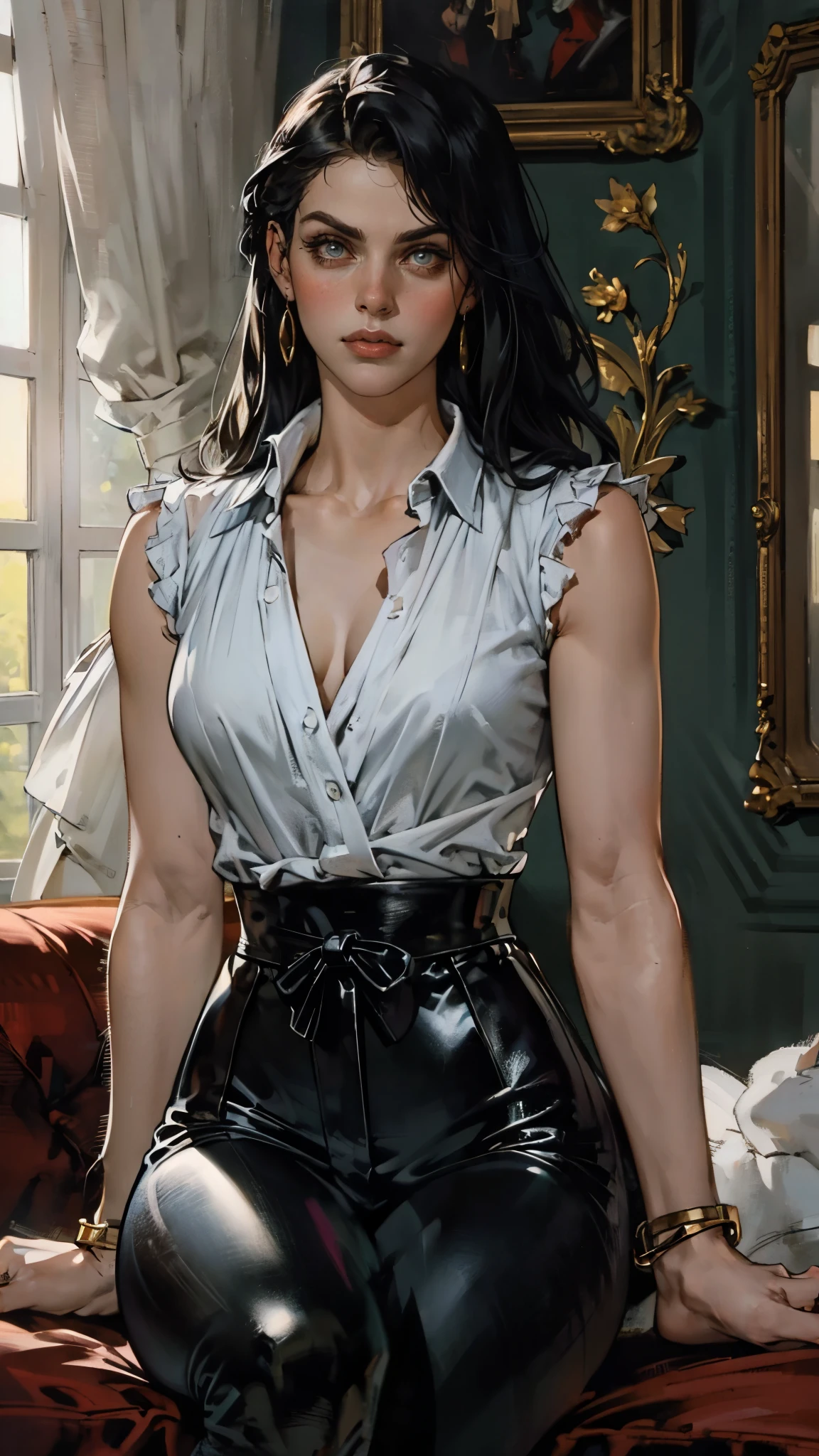 A beautiful woman with long shiny black hair, choppy bangs, a delicate face, a cold proud gaze, a fit figure, a fantasy-style high-necked leather breastplate top, sleeveless, exposes her waist, a bracelet adorns her wrist, tight-fitting leather pants, her right hand holds a Katana with a blue scabbard, she lounges casually sitting on a sofa, this character embodies a finely crafted fantasy-style bounty hunter in anime style, exquisite and mature manga art style, (Alexandra Daddario:1.2), high definition, best quality, highres, ultra-detailed, ultra-fine painting, extremely delicate, professional, anatomically correct, symmetrical face, extremely detailed eyes and face, high quality eyes, creativity, RAW photo, UHD, 32k, Natural light, cinematic lighting, masterpiece-anatomy-perfect, masterpiece:1.5