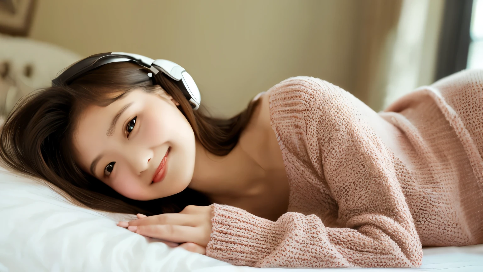table top, highest quality, shape, Super detailed, finely, High resolution, 8k wallpaper, 完璧なダイナミックな構shape, on the bed,one girl, beautiful and detailed eyes, pajamas, ランダムなcute髪,natural color lip, lie in bed, sleep together,bold sexy pose,smile、 girl、cute、sexy shot looking at camera,Always blur the background,perfect and beautiful face,beautiful and detailed face、slim face and style,perfect hands, Big eyes、whole body、wearing headphones。