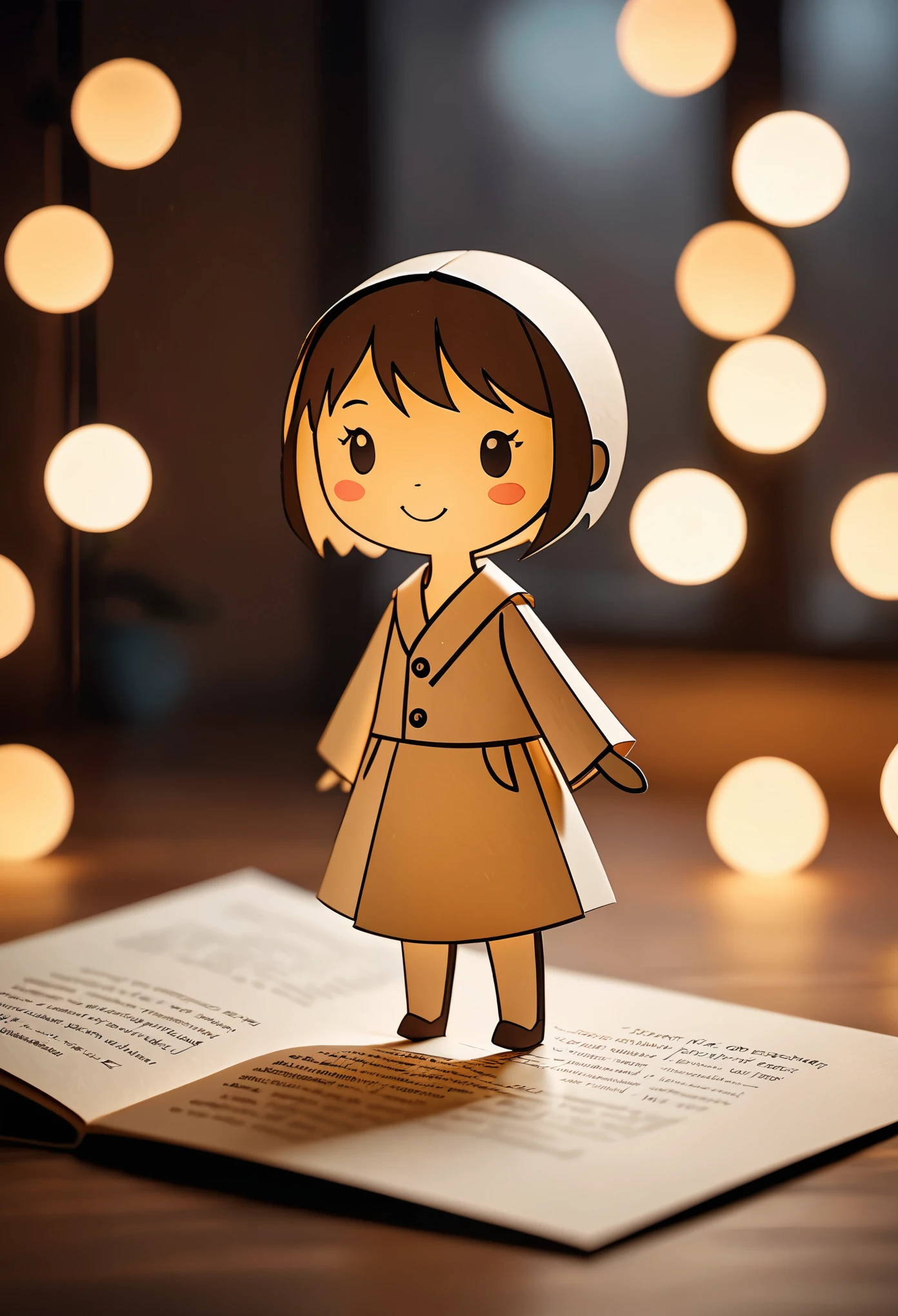 An adorable representation of a paper cut-out figure,exuding charm and cuteness. The art form takes inspiration from the whimsical world of comics,portraying the endearing simplicity of a paper character. With its minimalistic design and playful expression,the paper cut-out person captures the hearts of viewers. The overall image radiates a sense of joy and innocence,inviting viewers to appreciate the delightful appeal of this lovable paper creation,cinematic photo,cinematic light,film,depth of field,blurry background,bokeh,gloom,