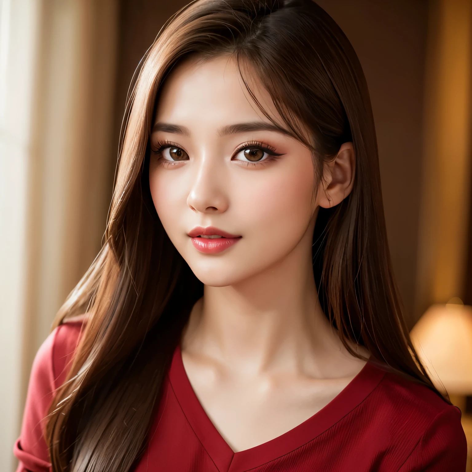 (highest quality、table top、8K、best image quality、Award-winning work)、(one young girl, 14 years old:1.3)、(Perfect V-neck red long knit sweater:1.2)、(red eyeshadow:1.2)、perfect makeup、long eyelashes、Super high-definition sparkling eyes、ultra high definition hair、ultra high resolution glossy lips、Super high resolution perfect teeth、Super high resolution cute face、brown hair、(very long straight hair:1.1)、small valley、look at me and smile、[clavicle]、accurate anatomy、(close up of face:1.1)、Luxury love hotel、(The most moody warm lighting:1.2)、blurred background