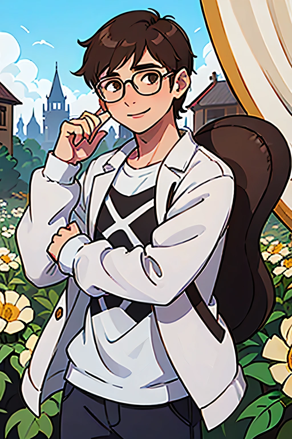 Hombre joven de pie sonriendo de frente, Brown hair, gafas, tez blanca