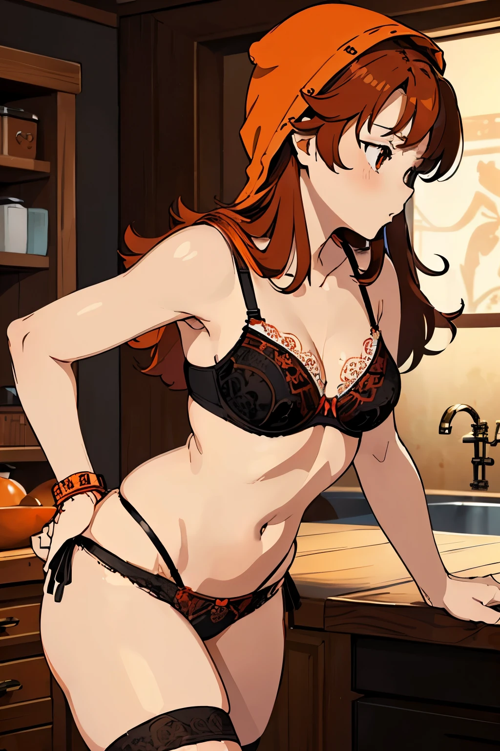High resolution、highest quality、small height、small shoulder width、profile、white skin、long hair、brown orange hair、(maribel, red hair、brown orange hood)、thin thighs、(big boobs)、(((Sexual bra with detailed decoration、Sexual black panties with detailed decoration)))