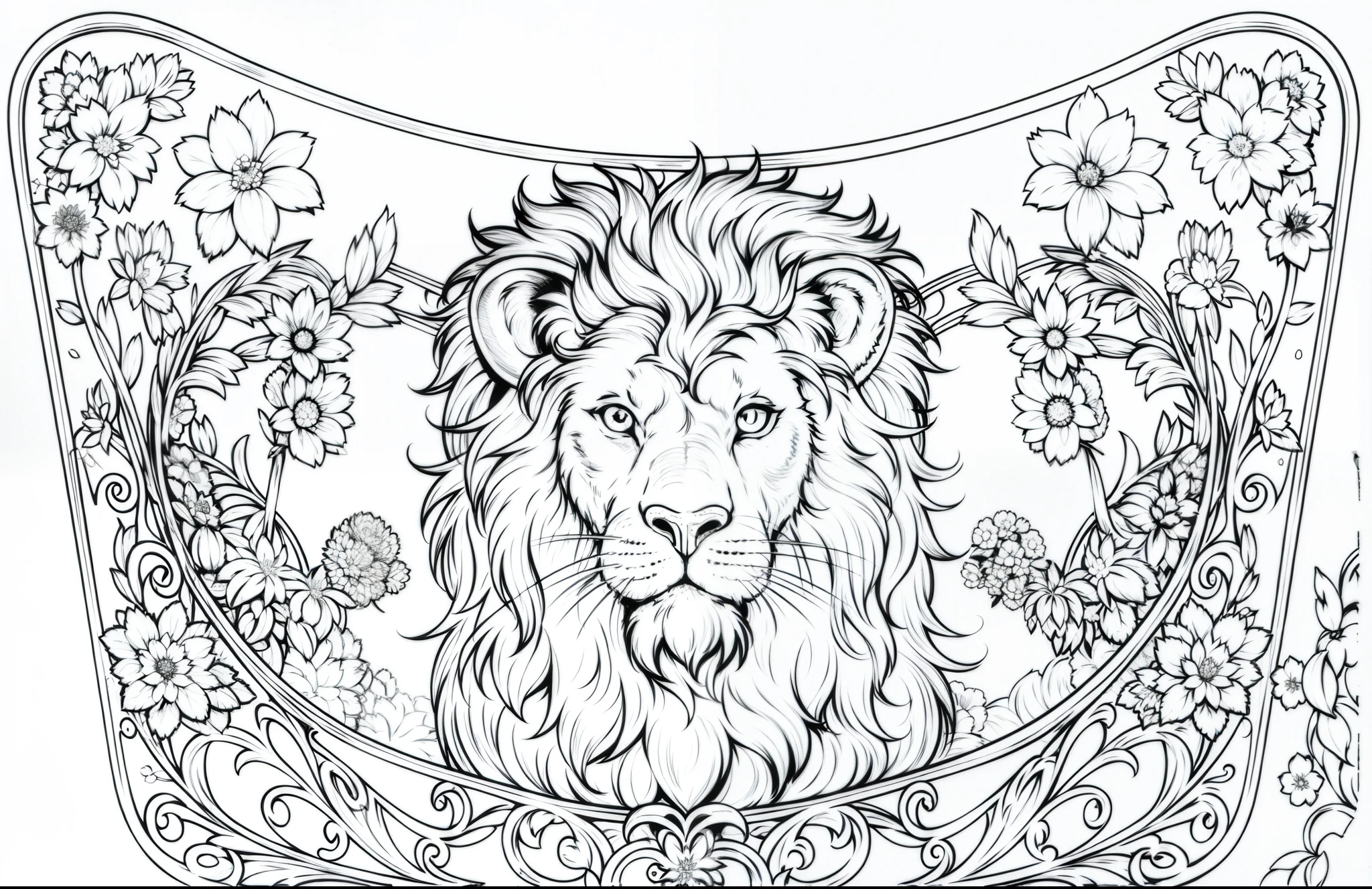 (Monochrome, Adult Colouring Pages, Vectorized) Lion on oval bag vector design, minimalist line drawing: :3, patterned design on the edges, a huge lion on the front, minimalist line drawing of the head, circle, periphery, rounded, vines, lion, head, blossomed vines, white background, clean lineart, , fine line art, no shadows, best quality, high resolution, detailed background, high contrast.