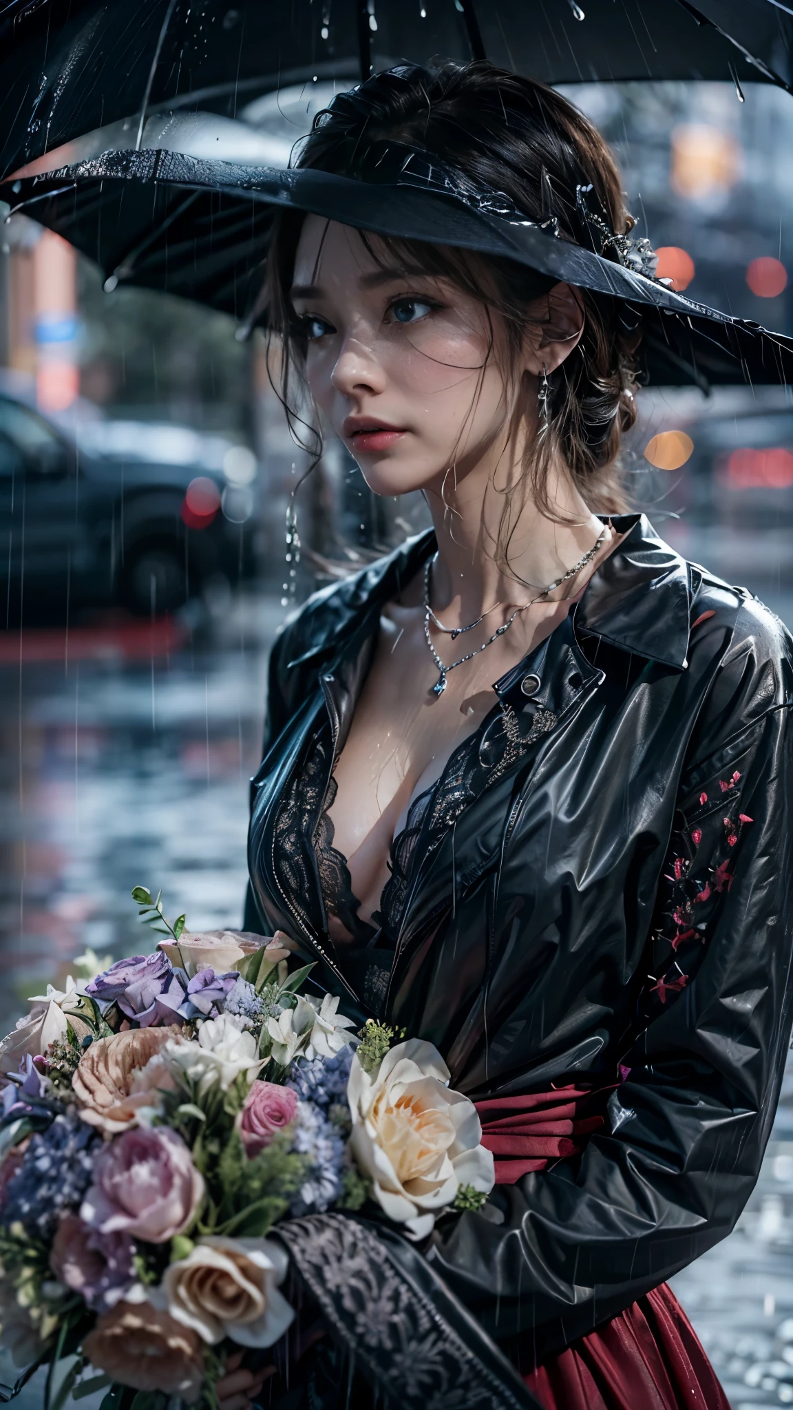 (RAW shooting, Photoreal:1.5, 8K, highest quality, masterpiece, ultra high resolution), perfect dynamic composition:1.2, modern city night, In front of the church, expression of sadness:0.7, lovelorn:0.7, Crying hard:0.7, ((((Typhoon heavy rain)))), Highly detailed skin and facial textures:1.2, Slim office lady wet in the rain:1.3, cowboy shot, Fair skin:1.2, sexy beauty:1.1, perfect style:1.2, beautiful and aesthetic:1.1, very beautiful face:1.2, water droplets on the skin, (rain drips all over my body:1.2, wet body:1.2, wet hair:1.3), (Holding a wet bouquet:1.2, wet rainbow colored wedding dress:1.3), (Medium chest, Bra is sheer, Chest gap), (The expression on your face when you feel intense caress, Facial expression when feeling pleasure), (beautiful blue eyes, Eyes that feel beautiful eros:0.8), (Too erotic:0.9, Bewitching:0.9), necklace, earrings, bracelet