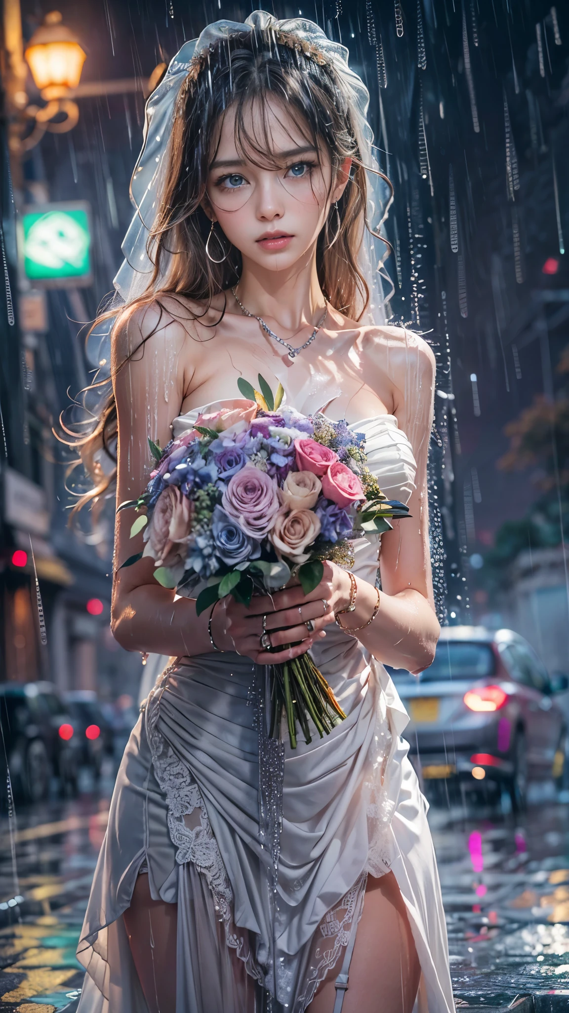 (RAW shooting, Photoreal:1.5, 8K, highest quality, masterpiece, ultra high resolution), perfect dynamic composition:1.2, modern city night, In front of the church, expression of sadness:0.7, lovelorn:0.7, Crying hard:0.7, ((((Typhoon heavy rain)))), Highly detailed skin and facial textures:1.2, Slim office lady wet in the rain:1.3, cowboy shot, Fair skin:1.2, sexy beauty:1.1, perfect style:1.2, beautiful and aesthetic:1.1, very beautiful face:1.2, water droplets on the skin, (rain drips all over my body:1.2, wet body:1.2, wet hair:1.3), (Holding a wet bouquet:1.2, wet rainbow wedding dress:1.3), (Medium chest, bra is see-through, Chest gap), (The expression on your face when you feel intense caress, Facial expression when feeling pleasure), (beautiful blue eyes, Eyes that feel beautiful eros:0.8), (Too erotic:0.9, Bewitching:0.9), necklace, earrings, bracelet