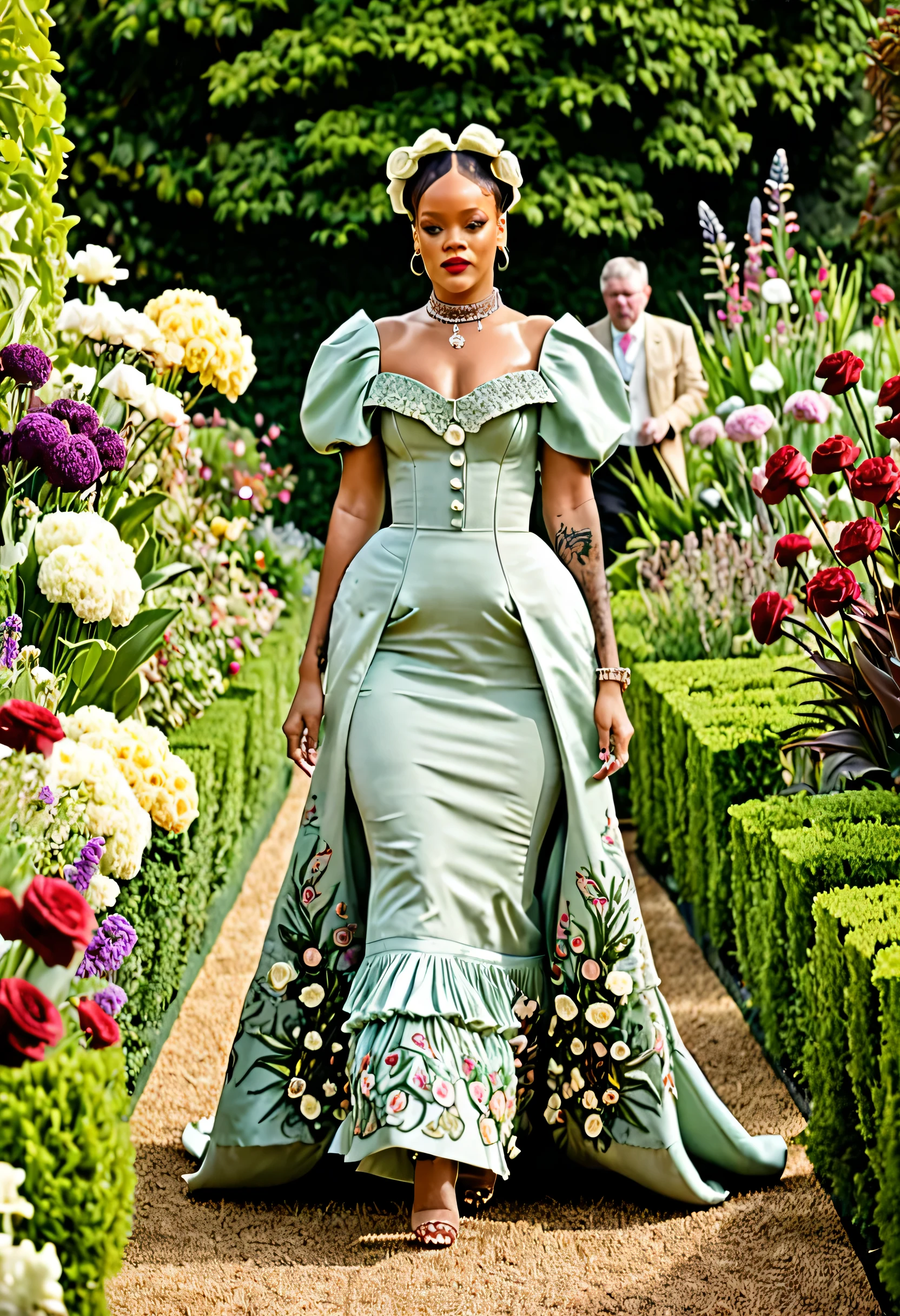 Rihanna wearing a Victorian style dress walking through a garden with flowers in hand