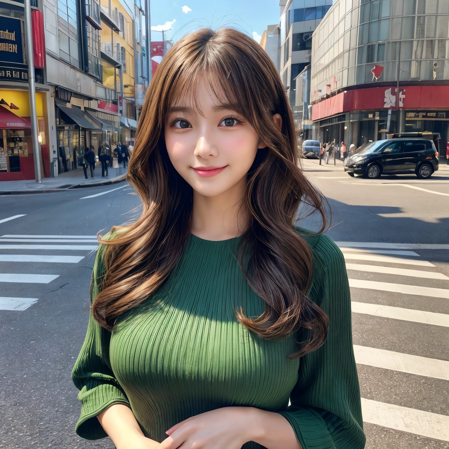 22 year old Japanese woman、very beautiful woman、1 woman、big beautiful eyes、beautiful nose、Fashionable hairstyle、curly light brown hair、big breasts、in the city、(super high quality、muste piece, best quality, It's photorealistic, High resolution, photograph)、real looking skin, porcelain skin,(dynamic lighting, reality, Super realistic, reality的な詳細な) , fine texture、cute smile、big breasts、In a royal green dress