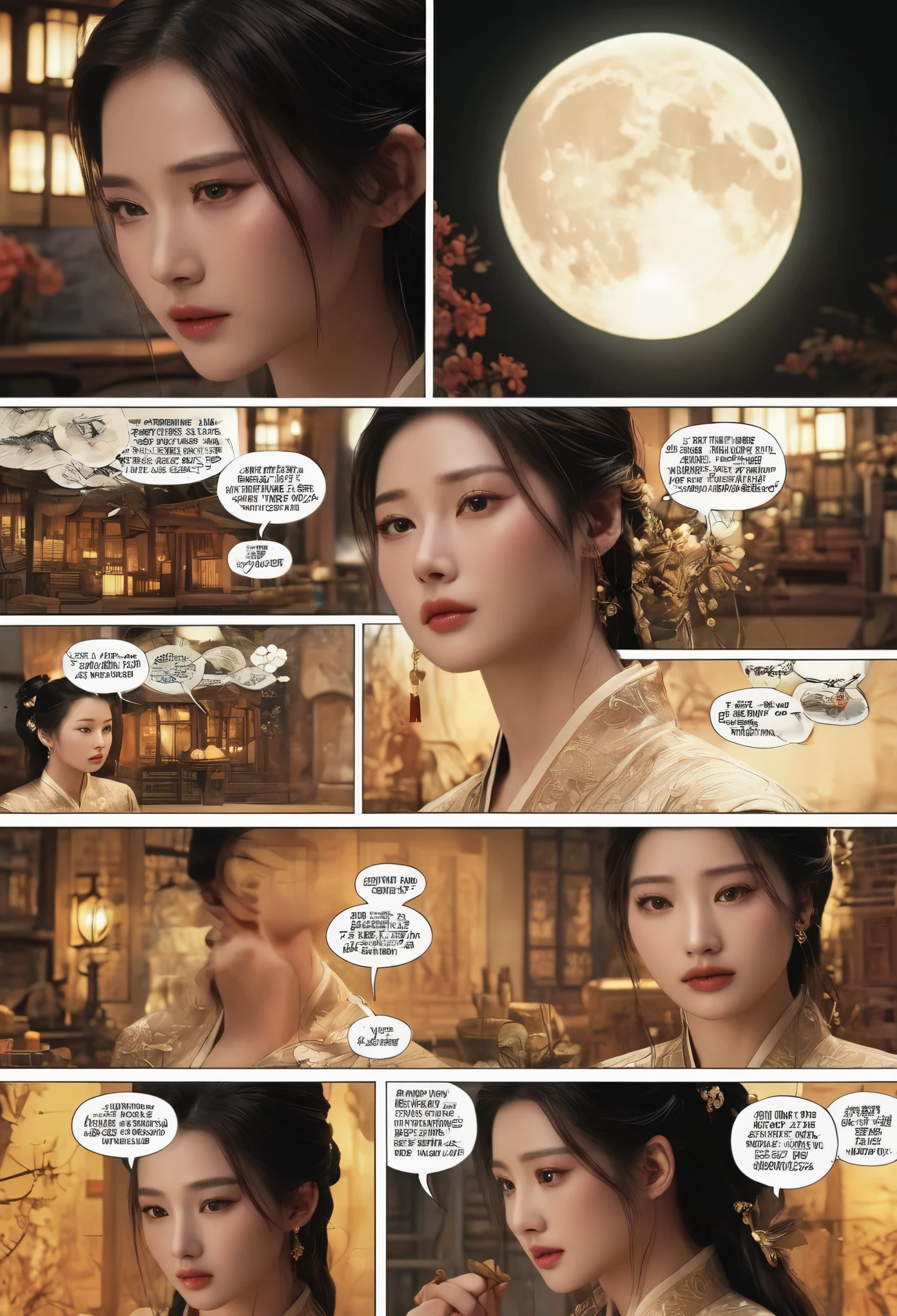 Comic storyboard:1.8, cry,comic strip_layout,Chinese woman，The beautiful，Costume dress，full moon, 32K ，hyper HD, ， anatomy correct，fantasy，Comics-like panel layout, Voice balloons, English text, Hand drawn audio stickers used in comics, 3d, realistic