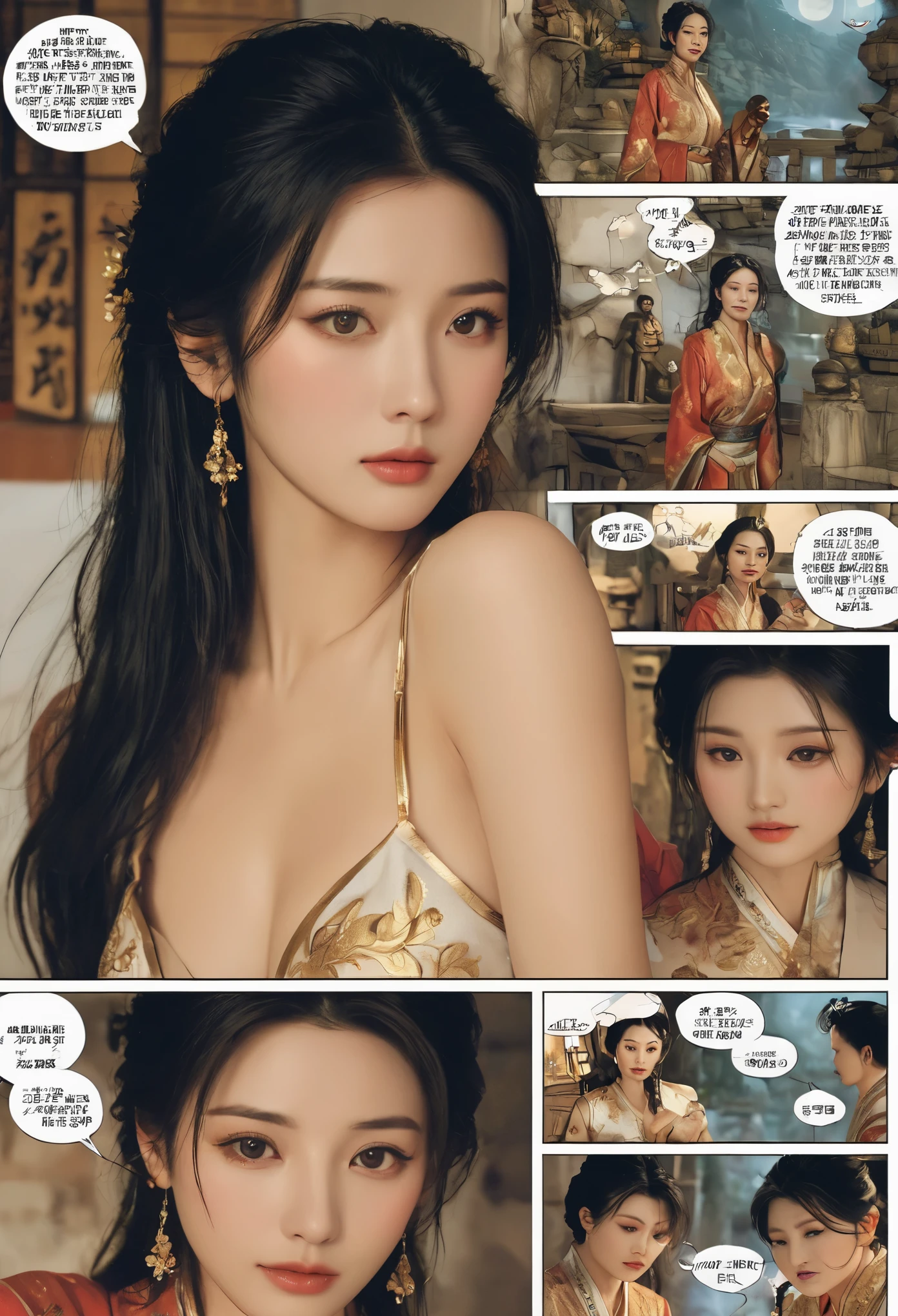 Comic storyboard:1.8, comic strip_layout,Chinese woman，The beautiful，Costume dress，edgBunny，full moon, 32K ，hyper HD, ， anatomy correct，fantasy，Comics-like panel layout, Voice balloons, English text, Hand drawn audio stickers used in comics,cry