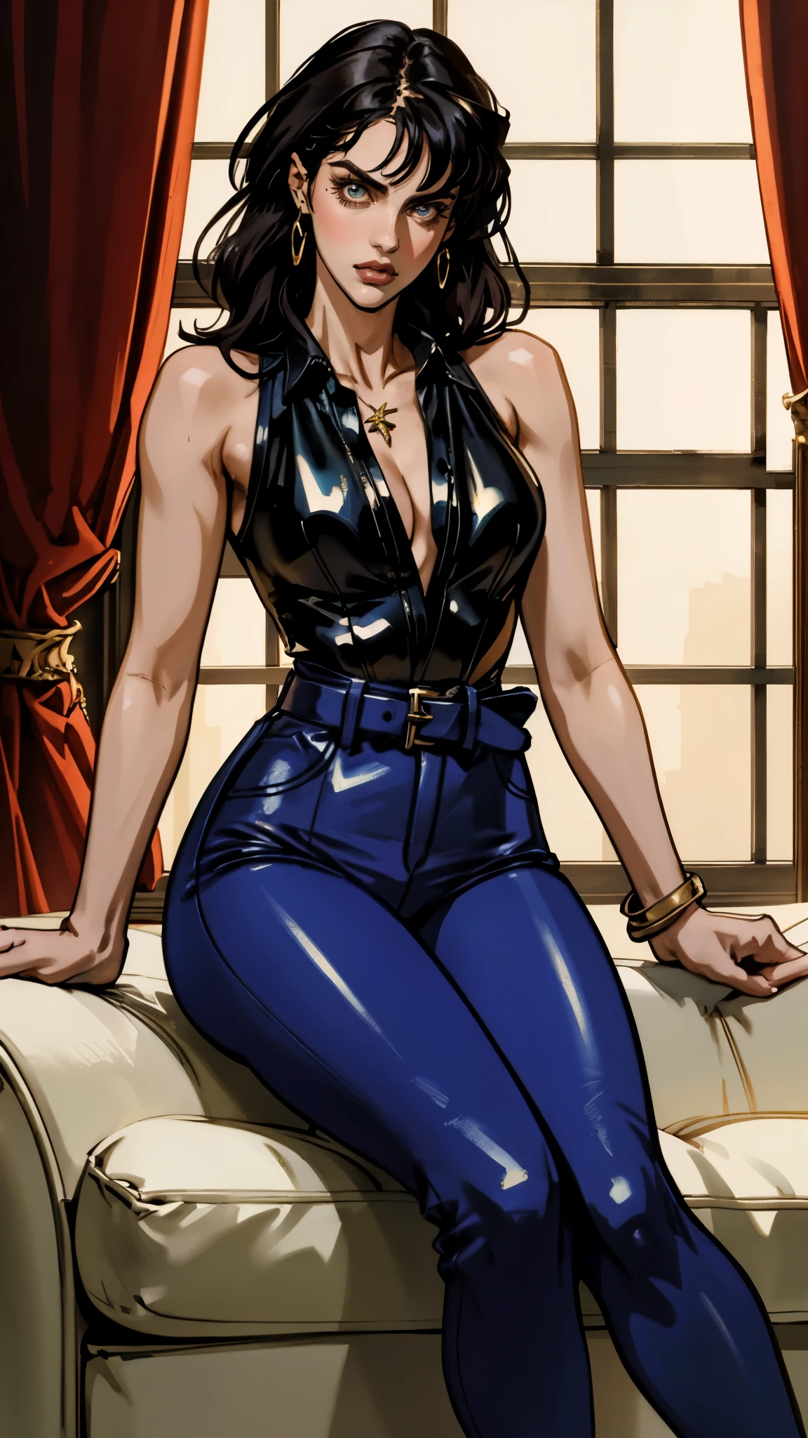 A beautiful woman with long shiny black hair, choppy bangs, a delicate face, a cold proud gaze, a fit figure, a fantasy-style high-necked leather breastplate top, sleeveless, exposes her waist, a bracelet adorns her wrist, tight-fitting leather pants, her right hand holds a Katana with a blue scabbard, she lounges casually sitting on a sofa, this character embodies a finely crafted fantasy-style bounty hunter in anime style, exquisite and mature manga art style, (Alexandra Daddario:1.2), high definition, best quality, highres, ultra-detailed, ultra-fine painting, extremely delicate, professional, anatomically correct, symmetrical face, extremely detailed eyes and face, high quality eyes, creativity, RAW photo, UHD, 32k, Natural light, cinematic lighting, masterpiece-anatomy-perfect, masterpiece:1.5