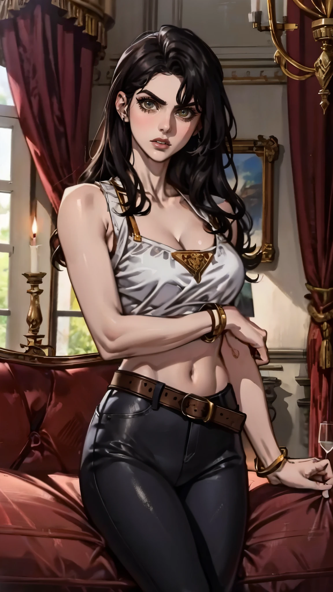 A beautiful woman with long shiny black hair, choppy bangs, a delicate face, a cold proud gaze, a fit figure, a fantasy-style high-necked leather breastplate top, sleeveless, exposes her waist, a bracelet adorns her wrist, tight-fitting leather pants, her right hand holds a Katana with a blue scabbard, she lounges casually sitting on a sofa, this character embodies a finely crafted fantasy-style bounty hunter in anime style, exquisite and mature manga art style, (Alexandra Daddario:1.2), high definition, best quality, highres, ultra-detailed, ultra-fine painting, extremely delicate, professional, anatomically correct, symmetrical face, extremely detailed eyes and face, high quality eyes, creativity, RAW photo, UHD, 32k, Natural light, cinematic lighting, masterpiece-anatomy-perfect, masterpiece:1.5