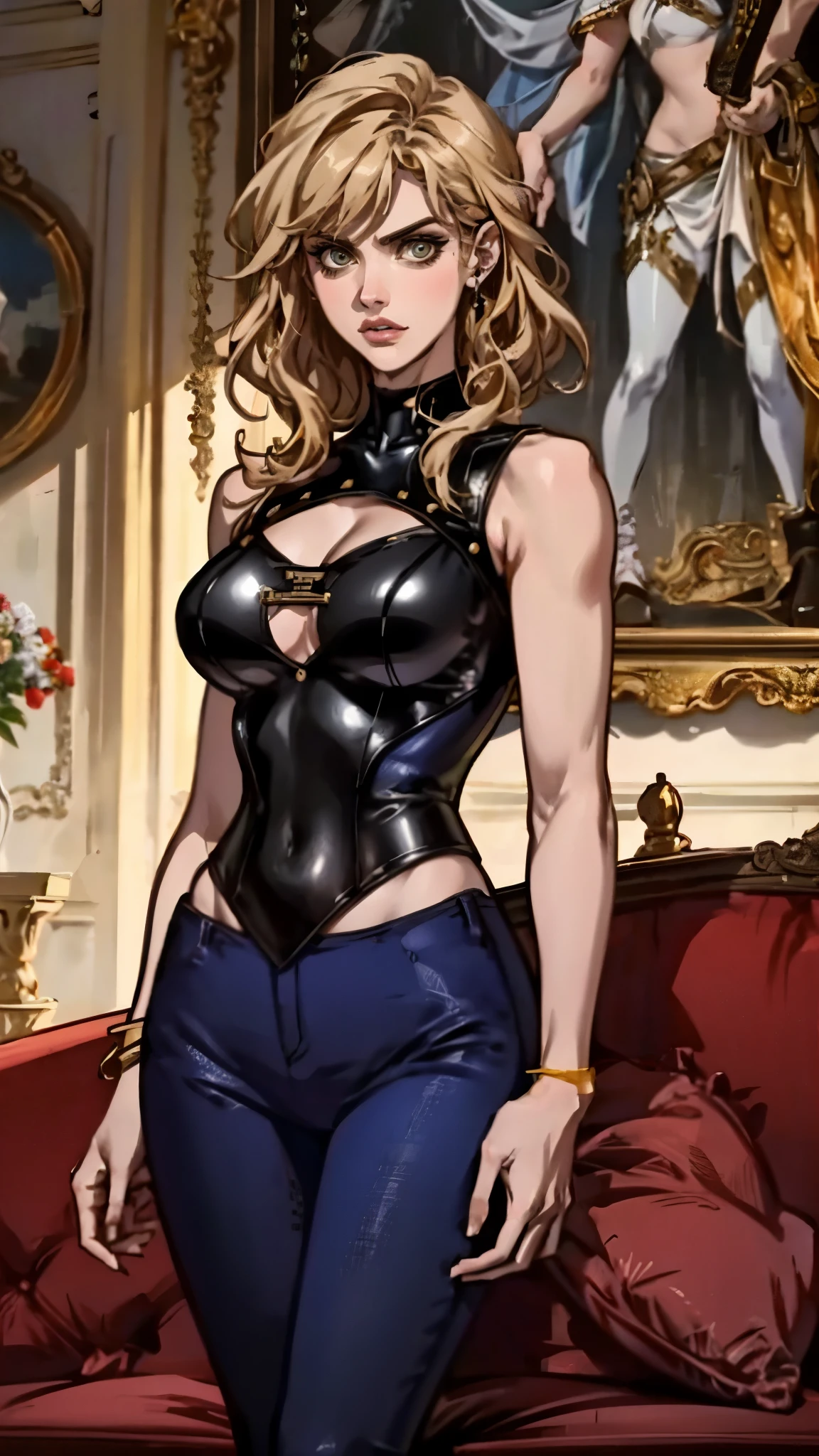 A beautiful woman with long shiny black hair, choppy bangs, a delicate face, a cold proud gaze, a fit figure, a fantasy-style high-necked leather breastplate top, sleeveless, exposes her waist, a bracelet adorns her wrist, tight-fitting leather pants, her right hand holds a Katana with a blue scabbard, she lounges casually sitting on a sofa, this character embodies a finely crafted fantasy-style bounty hunter in anime style, exquisite and mature manga art style, (Alexandra Daddario:1.2), high definition, best quality, highres, ultra-detailed, ultra-fine painting, extremely delicate, professional, anatomically correct, symmetrical face, extremely detailed eyes and face, high quality eyes, creativity, RAW photo, UHD, 32k, Natural light, cinematic lighting, masterpiece-anatomy-perfect, masterpiece:1.5