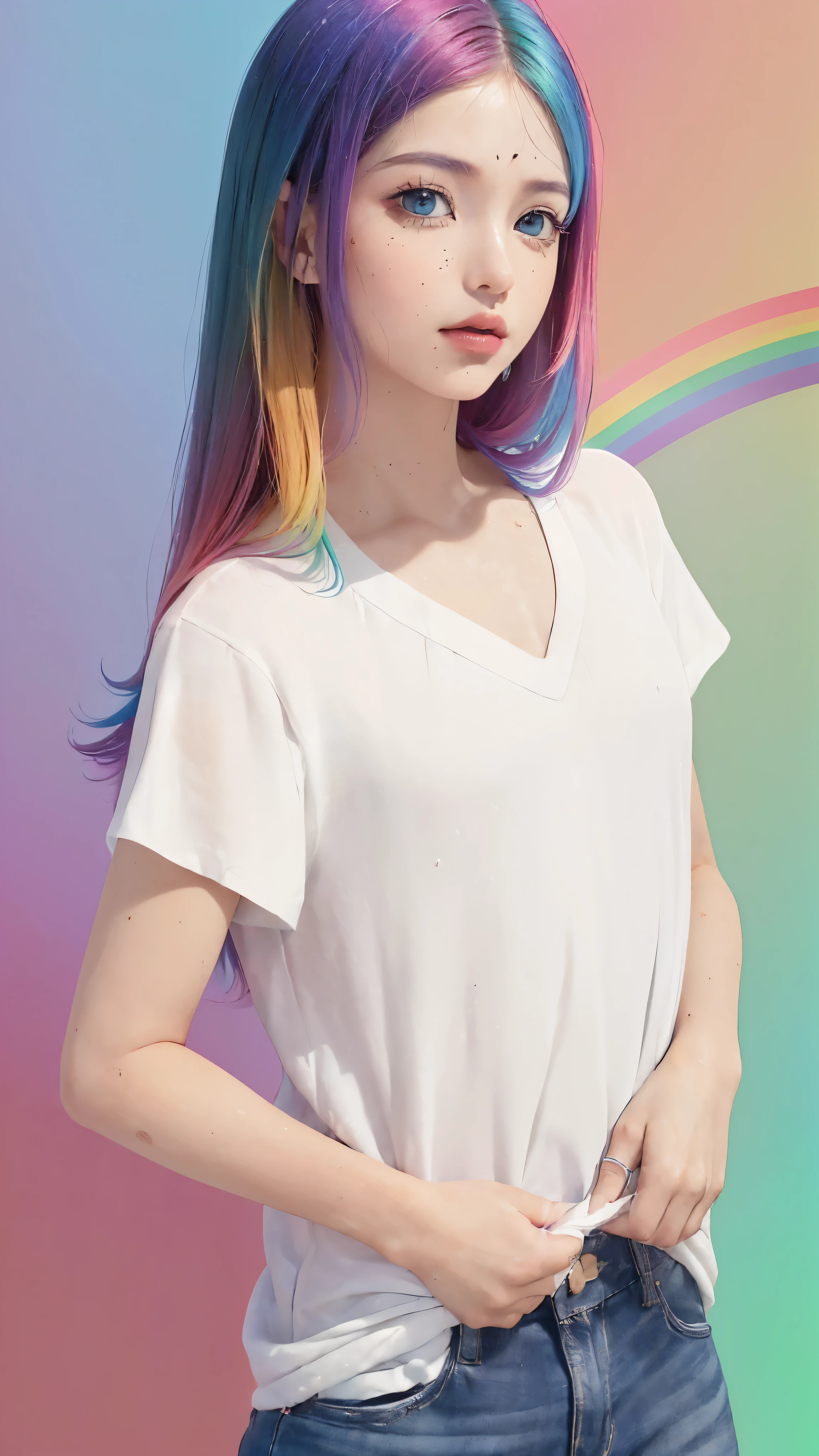 (Camiseta Moda Rosa:1.9),(cabelo colorido: 1.8), (all colors of the rainbow: 1.8),(((((vertical pintaring:1.6))), (pintaring:1.6),frente, comics, illustrations, pintarings, olhos grandes, olhos cristalinos,( rainbow color gradient high ponytail:1.7), maquiagem requintada, boca fechada,(Pequeno fresco: 1.5),(Clean the chest: 1.6) ,long eyelashes, camiseta branca ombro a ombro, camisa de ombro branca,looking at the audience, grandes olhos lacrimejantes, (rainbow colored hair:1.6), respingo de cor, (Sozinho:1.8), respingo de cor, color explosion, thick pintar style, messy lines, ((brilhando)),(colorida), (colorida), (colorida), colorida, Thick pintar Style, (Respingo) (Color Respingo), Vertical pintaring, tronco, pintar Respingo, acrylic pigment, gradiente, pintar, A mais alta qualidade de imagem, Mais alta qualidade, obra de arte, Sozinho, profundidade de campo, Face pintar, colorida clothes, (elegante: 1.2), Maravilhoso,cabelo longo, Vento, (elegante: 1.3), (petals: 1.4),(((obra de arte))),(((Melhor qualidade))),((ultra-detalhado)),(illustration),(dynamic angle),((Flutuando)),(pintar),((cabelo desgrenhado)),(Sozinho),(1 garota) , (((rosto de anima detalhado))),((lindo rosto detalhado)),colarinho,Ombros nus,cabelo branco, ((colorida hair)),((cabelo com mechas)),lindos olhos detalhados,(gradiente color eyes),(((colorida eyes))),(((colorida background))),(((high saturation))),(((surrounded by colorida splashes))),