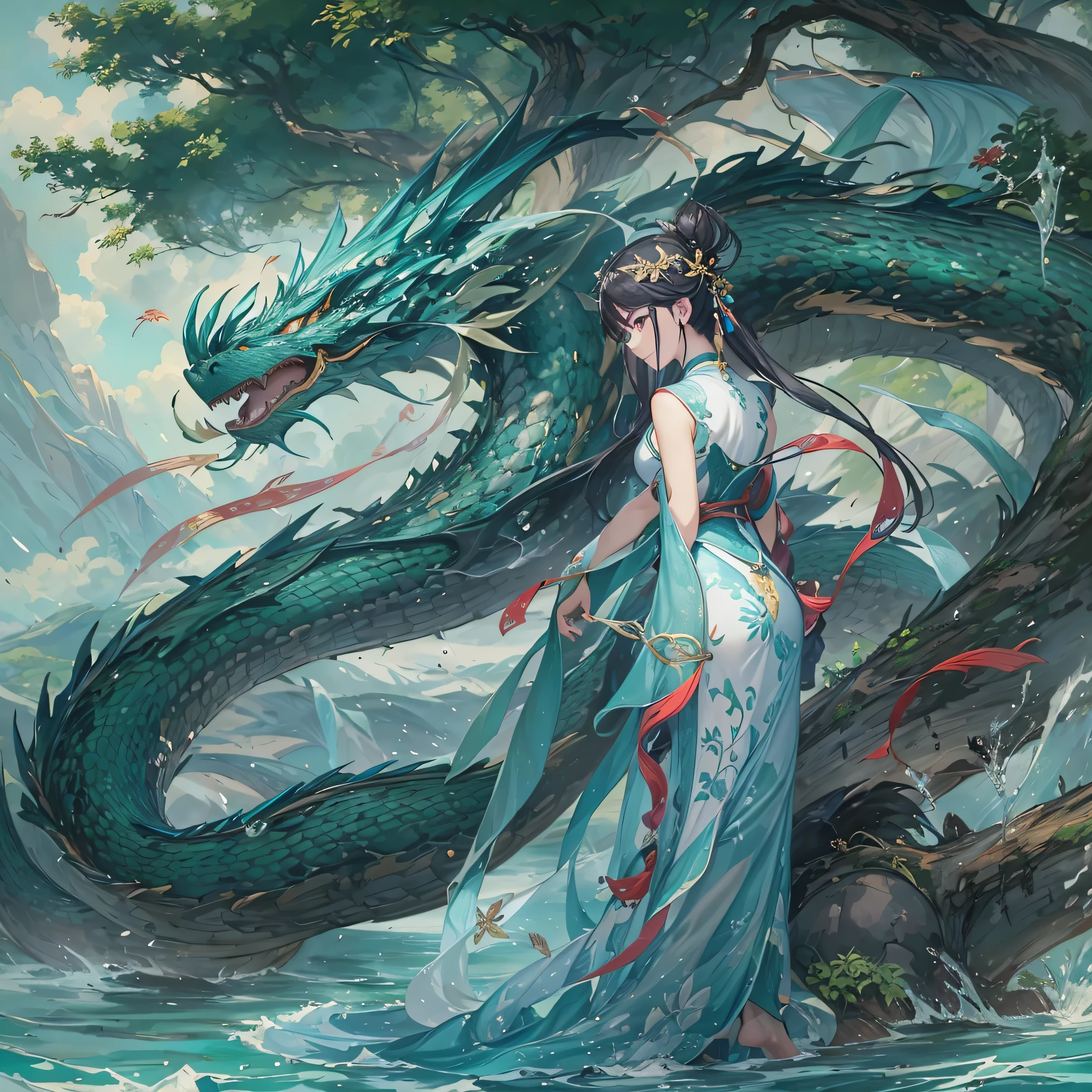 ((4k,masterpiece,highest quality)), Shuimobisim, traditional chinese ink painting, lotus, Hanfu, maxi kit, dress modestly, alone, black long hair, Braid,transparent hair, translucent hair, silky hair, shiny hair, translucent eyes, beautiful brown eyes, smile, Are standing, feet in the water, barefoot,break,dragon, madeon,(concentration line, speed lines:1.1),A picture of a dragon with a big head and big wings, d&ddragon art commission, magnificent dragon, white dragon, alduin, giant dragon as background, wyvern, legendary dragon, huge dragon in the background, majestic gothic dragon, scarred dragon, like a dragon, dragon、our seeds,anime, dragon, fantasy, artwork, artwork, artwork, artwork, artwork, artwork, painting, painting, painting, painting, painting, painting, battle with dragon, dragon in the background, by ヤン・J, man with the soul of a dragon, fighting a dragon, dragon art, i just saw a huge dragon, By Ryan Yee, epic dragon, by Li Zai,(tree,water,nature,sea and forest:1.5), (blue and green:1.4)