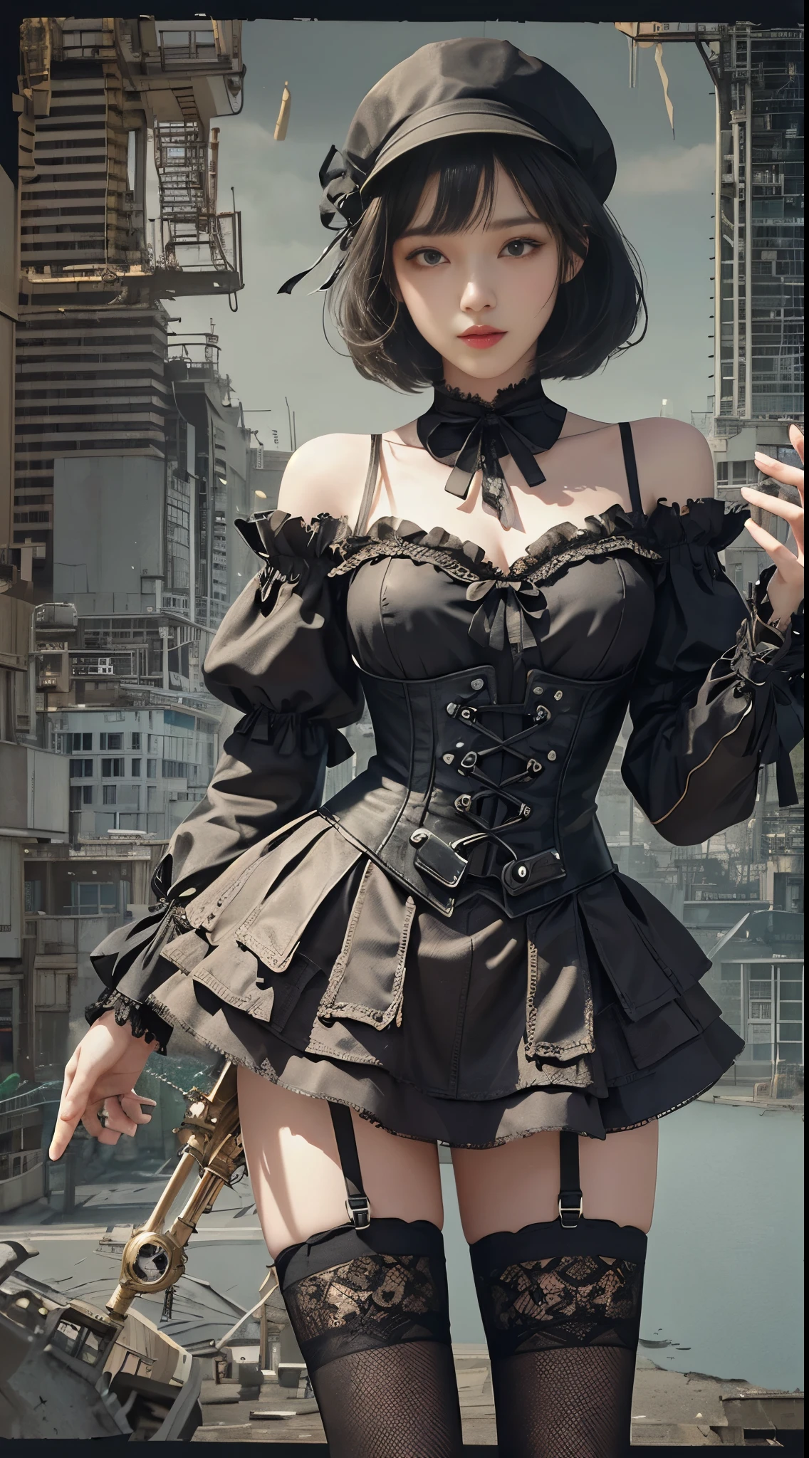 (((masterpiece, highest quality, Super detailed))), 1 female, (((very thin body))) , (((length, thin legs))), (((black short bob, thick fluffy bangs ))), (((highly detailed face))), No cosmetics, small and thin nose, thin mouth with small lips, (((Very sharp focused eyes))), Precise pale gray eyes with large slits, shine like a jewel, length eyelashes, ((Highly decorative intricate mechanical steampunk fashion, Lace Flare Mini Skirt, above the knee lace stockings, Lace Off Shoulder Lolita Fashion, Overly decorative fashion)), Abandoned Night, Complex mechanized steampunk factory catches fire and explodes, (((Overall accuracy has been dramatically improved, creating a Super detailed and realistic image))),  super realistic photos, (((steampunk gun)))