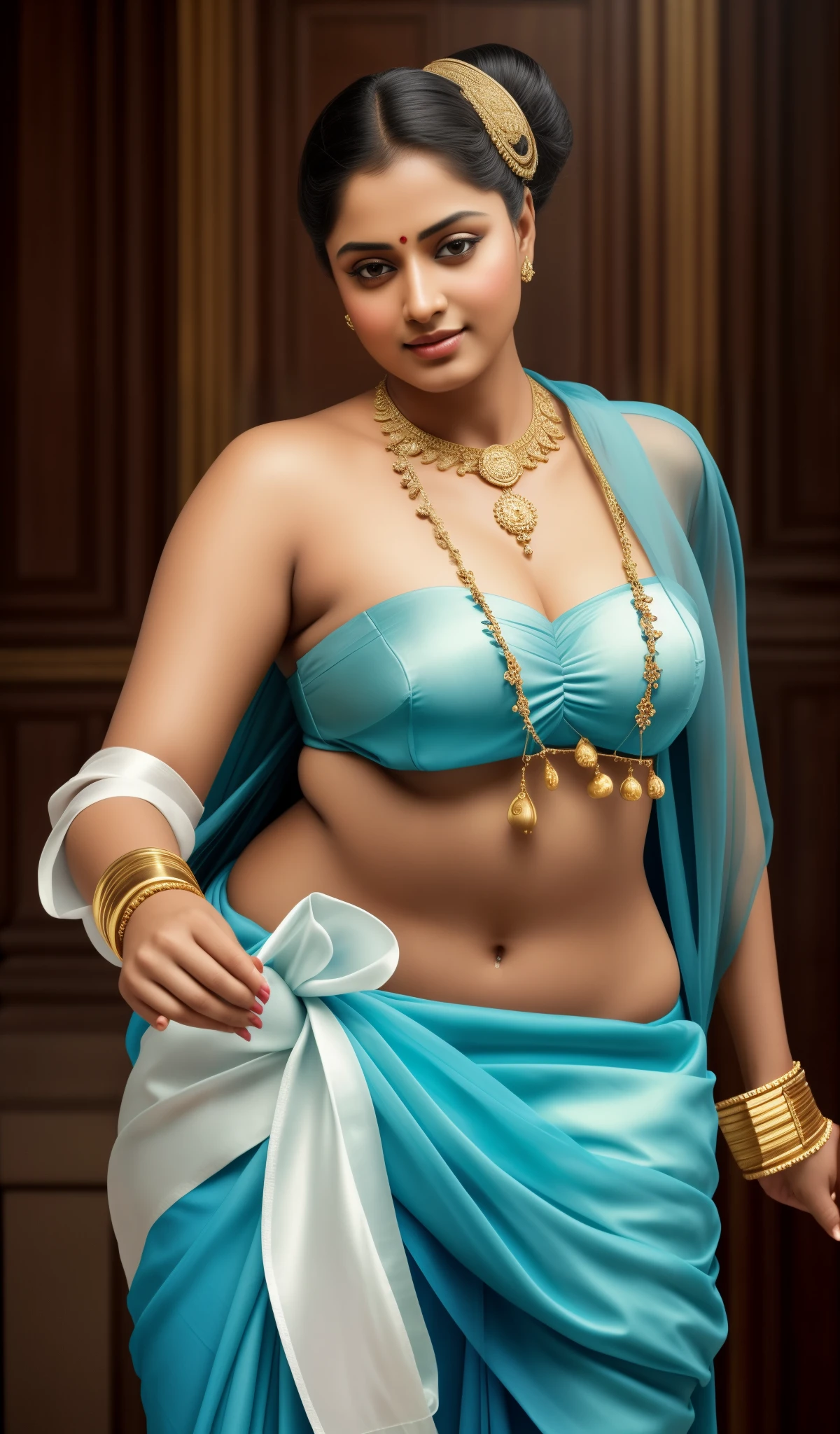 Beautiful Indian Woman, wearing saree, sari Beauty, gorgeous, Apsara, Maharani, royal queen woman, nymph from Hindu Mythology, pierced eyes, Urvashi, matchless beauty, Highly detailed, Oil Painting by Peter Paul Rubens inspired by Raja Ravi Varma, Matchless beauty, captivating, gorgeous, heavenly beauty, celestial beauty, by Peter Paul Rubens, , realistic, hyper realistic, micro details, incredible artwork, insane details, ultra High resolution, 8k, 32k, acrylic on canvas, intricate, flawless, detailed, detailed face, detailed eyes, masterpiece, by Peter Paul Rubens, by Caravaggio, by William Adolphe bouguereau, perfect face, perfect body, beautiful art, realism, baroque, renaissance Art, highly textured, beautiful eyes, uhd, best quality,