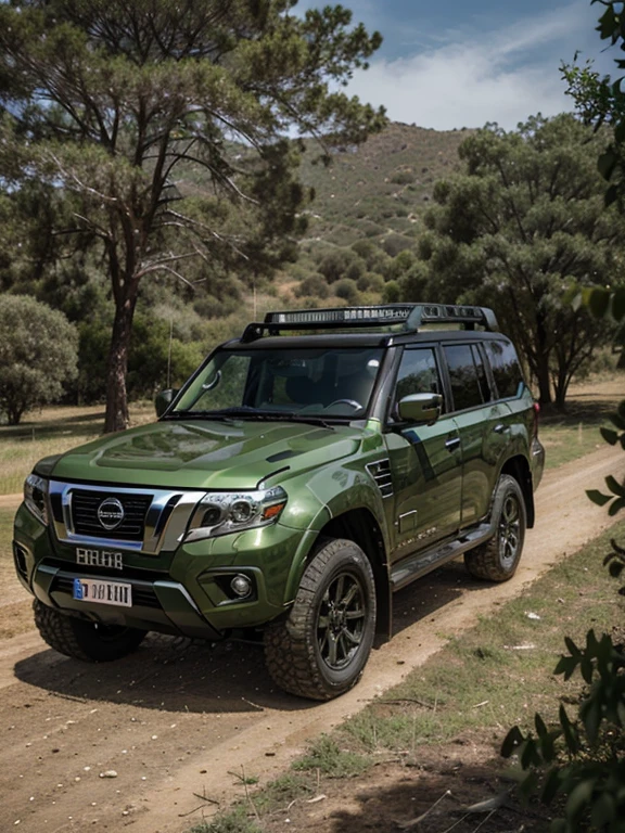 Military nissan patrol, letters ERPC in doors, painted camouflage green,hiperreal photografic,lateral complete panoramic view