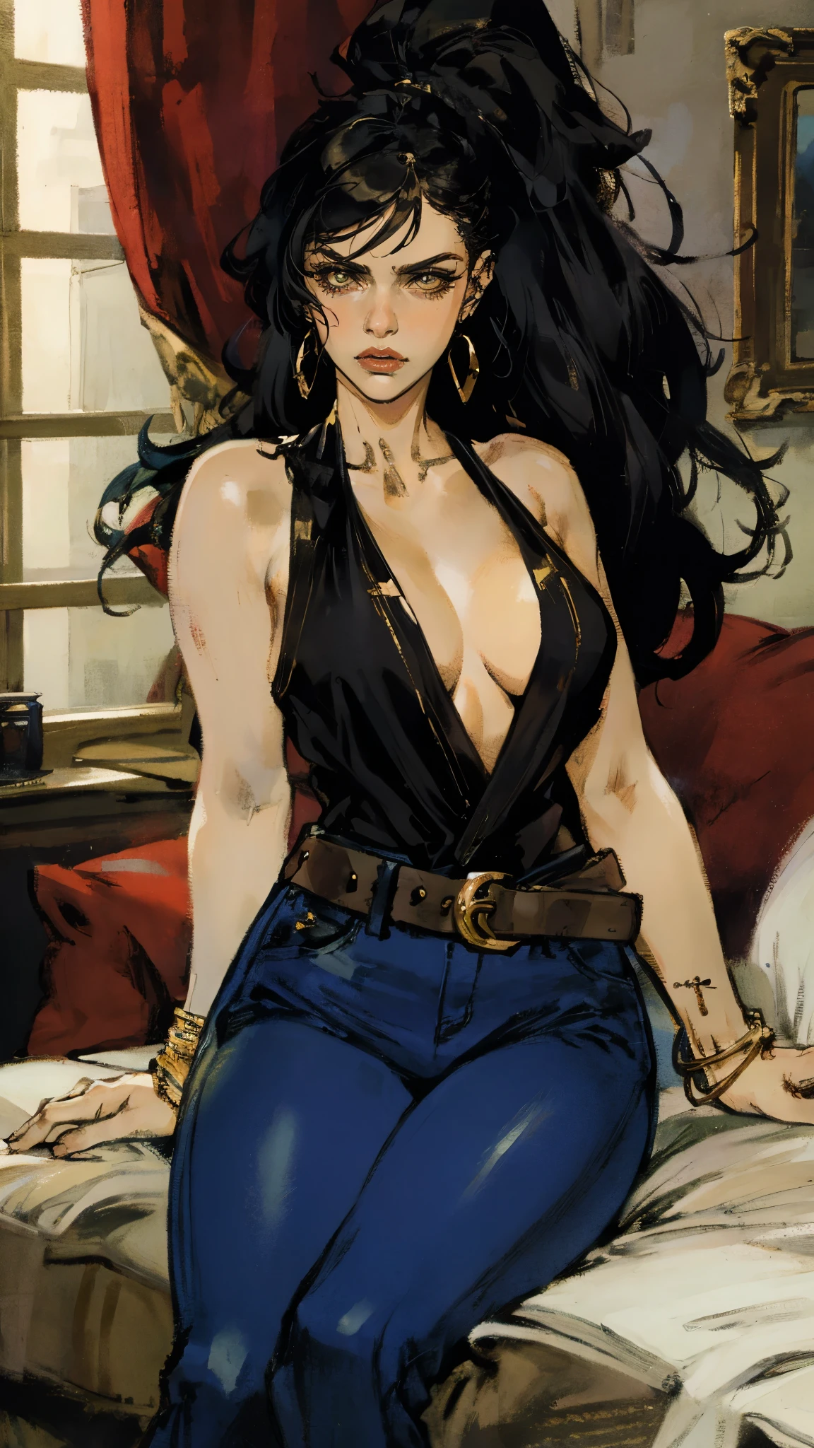 A beautiful woman with long shiny black hair, choppy bangs, a delicate face, a cold proud gaze, a fit figure, a fantasy-style high-necked leather breastplate top, sleeveless, exposes her waist, a bracelet adorns her wrist, tight-fitting leather pants, her right hand holds a Katana with a blue scabbard, she lounges casually sitting on a sofa, this character embodies a finely crafted fantasy-style bounty hunter in anime style, exquisite and mature manga art style, (Alexandra Daddario:1.2), high definition, best quality, highres, ultra-detailed, ultra-fine painting, extremely delicate, professional, anatomically correct, symmetrical face, extremely detailed eyes and face, high quality eyes, creativity, RAW photo, UHD, 32k, Natural light, cinematic lighting, masterpiece-anatomy-perfect, masterpiece:1.5