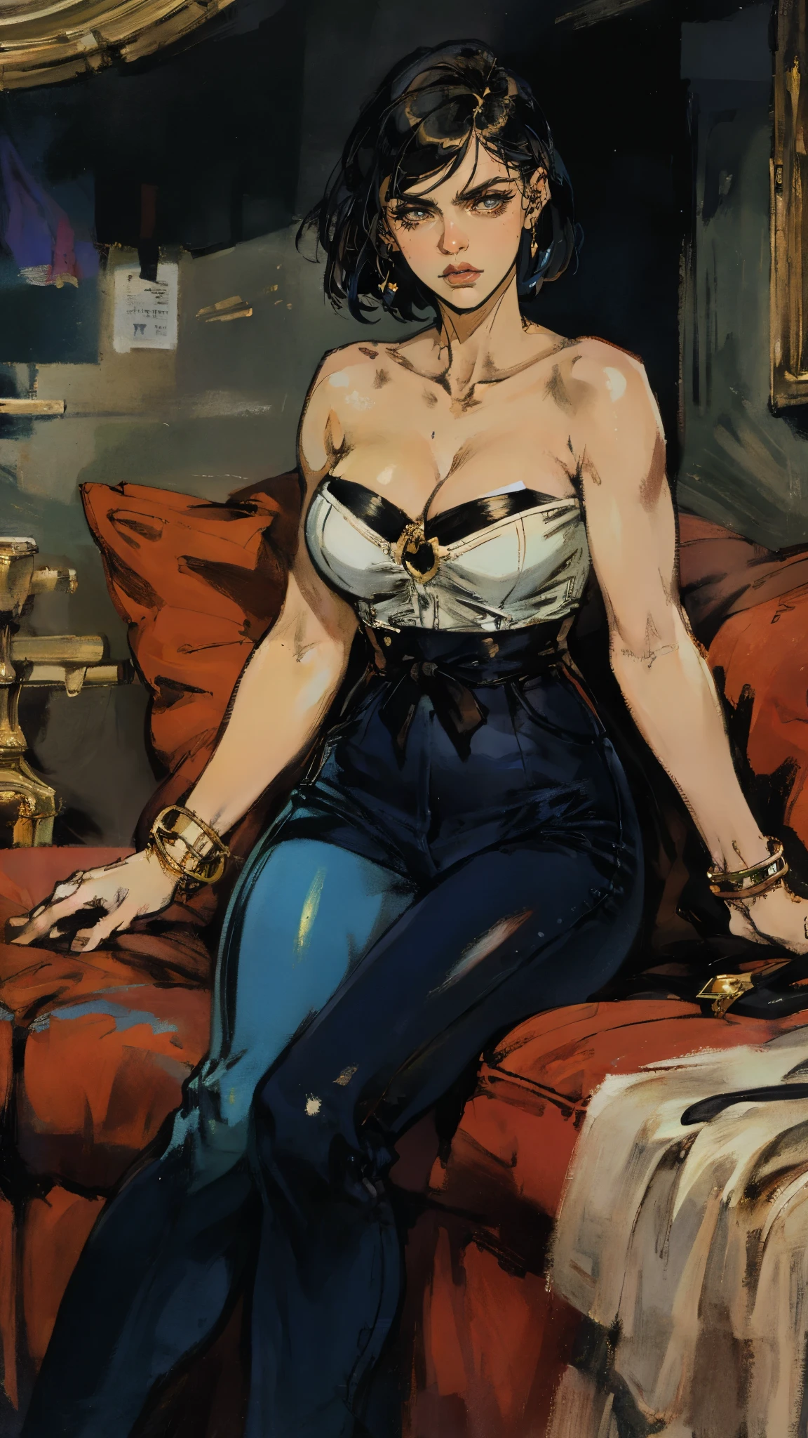 A beautiful woman with long shiny black hair, choppy bangs, a delicate face, a cold proud gaze, a fit figure, a fantasy-style high-necked leather breastplate top, sleeveless, exposes her waist, a bracelet adorns her wrist, tight-fitting leather pants, her right hand holds a Katana with a blue scabbard, she lounges casually sitting on a sofa, this character embodies a finely crafted fantasy-style bounty hunter in anime style, exquisite and mature manga art style, (Alexandra Daddario:1.2), high definition, best quality, highres, ultra-detailed, ultra-fine painting, extremely delicate, professional, anatomically correct, symmetrical face, extremely detailed eyes and face, high quality eyes, creativity, RAW photo, UHD, 32k, Natural light, cinematic lighting, masterpiece-anatomy-perfect, masterpiece:1.5