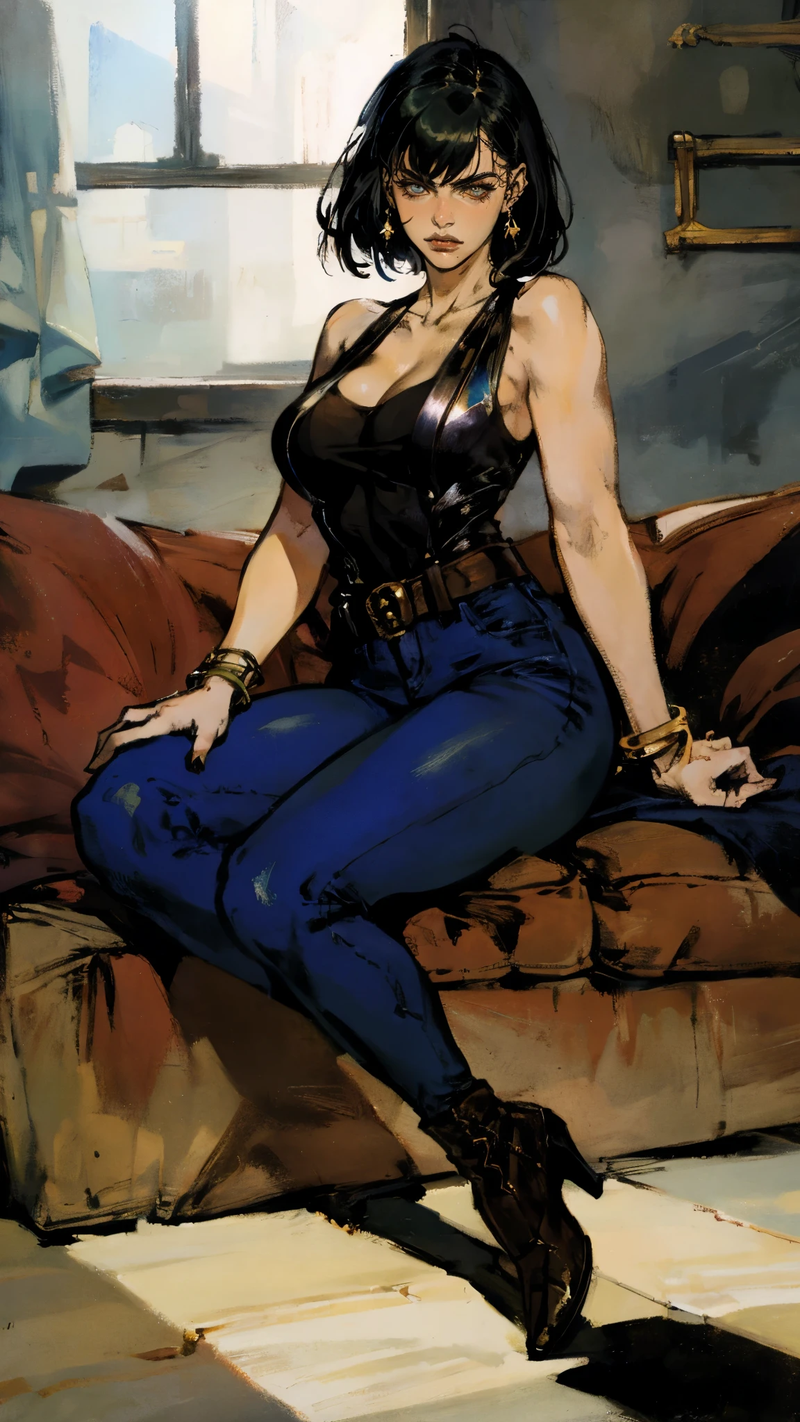 A beautiful woman with long shiny black hair, choppy bangs, a delicate face, a cold proud gaze, a fit figure, a fantasy-style high-necked leather breastplate top, sleeveless, exposes her waist, a bracelet adorns her wrist, tight-fitting leather pants, her right hand holds a Katana with a blue scabbard, she lounges casually sitting on a sofa, this character embodies a finely crafted fantasy-style bounty hunter in anime style, exquisite and mature manga art style, (Alexandra Daddario:1.2), high definition, best quality, highres, ultra-detailed, ultra-fine painting, extremely delicate, professional, anatomically correct, symmetrical face, extremely detailed eyes and face, high quality eyes, creativity, RAW photo, UHD, 32k, Natural light, cinematic lighting, masterpiece-anatomy-perfect, masterpiece:1.5