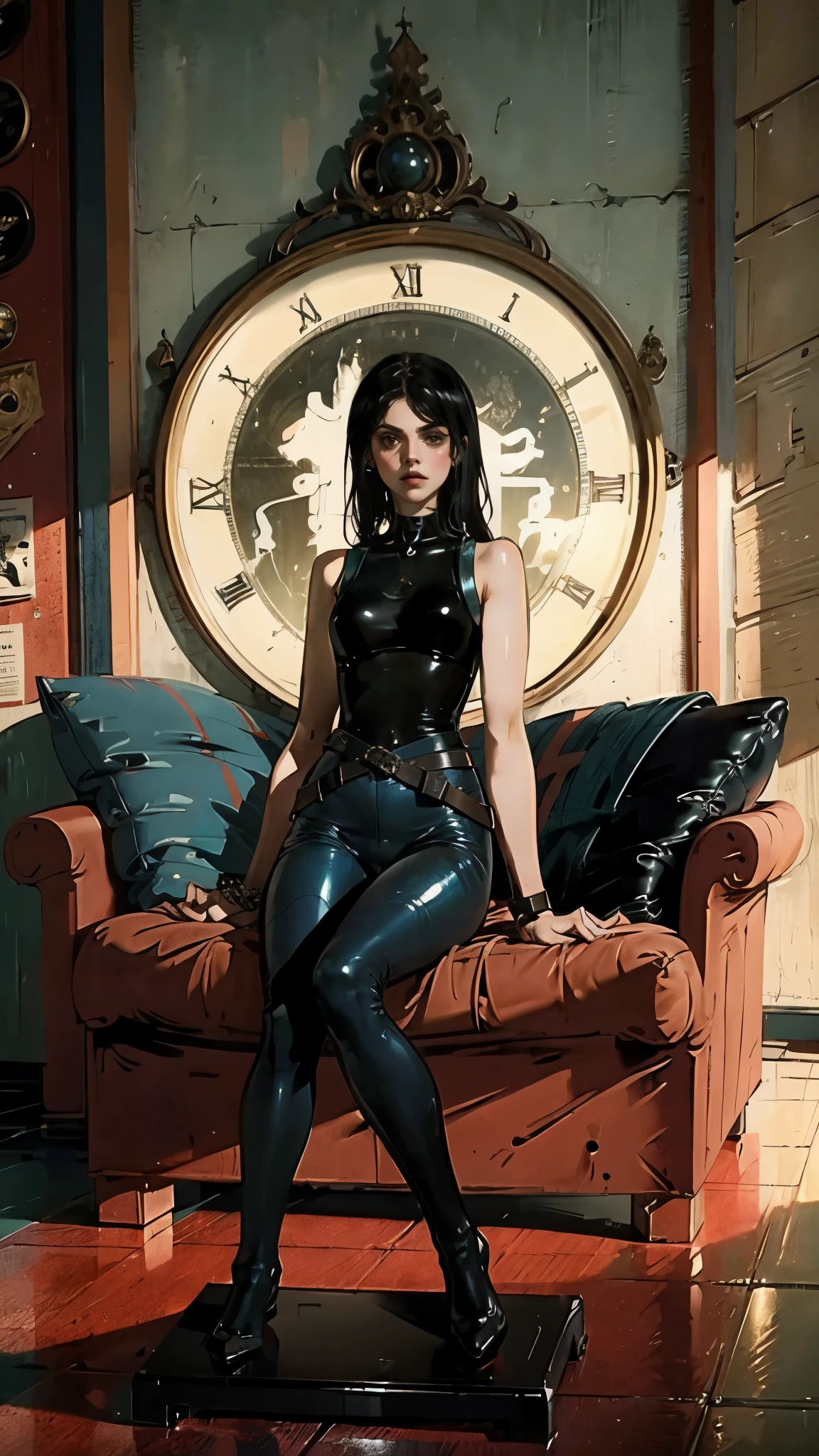 A beautiful woman with long shiny black hair, choppy bangs, a delicate face, a cold proud gaze, a fit figure, a fantasy-style high-necked leather breastplate top, sleeveless, exposes her waist, a bracelet adorns her wrist, tight-fitting leather pants, her right hand holds a Katana with a blue scabbard, she lounges casually sitting on a sofa, this character embodies a finely crafted fantasy-style bounty hunter in anime style, exquisite and mature manga art style, (Alexandra Daddario:1.2), high definition, best quality, highres, ultra-detailed, ultra-fine painting, extremely delicate, professional, anatomically correct, symmetrical face, extremely detailed eyes and face, high quality eyes, creativity, RAW photo, UHD, 32k, Natural light, cinematic lighting, masterpiece-anatomy-perfect, masterpiece:1.5