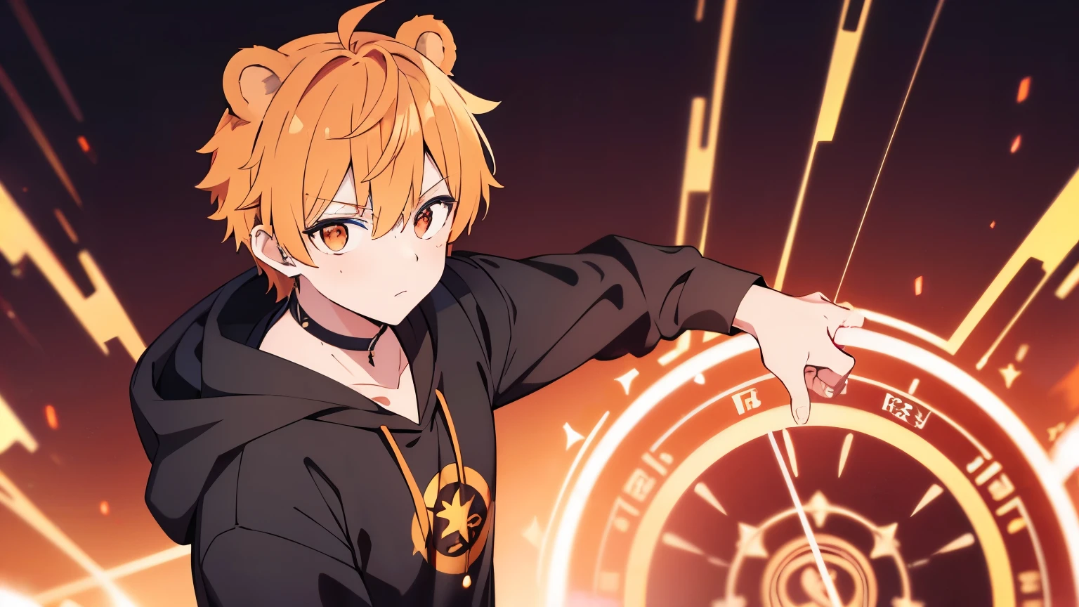Bear ears Hair color orange ((boy)) golden line on black hoodie ((magic circle)) Eye color black Super short hair 4K resolution (mocking) Use fire-based techniques