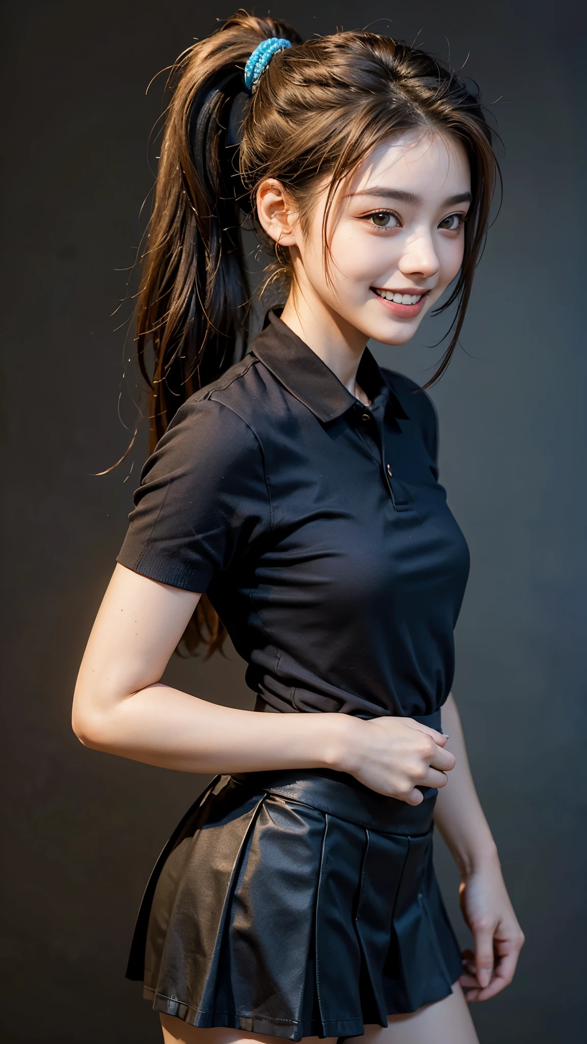 highest quality, masterpiece, ultra high resolution, (realistic:1.4), (front portrait) Raw photo, 1 girl, 18-year-old,((miniskirt uniform)),((ponytail and hair tie)),realistic,((Simple solid color background)), Pi,((toothy smile)),