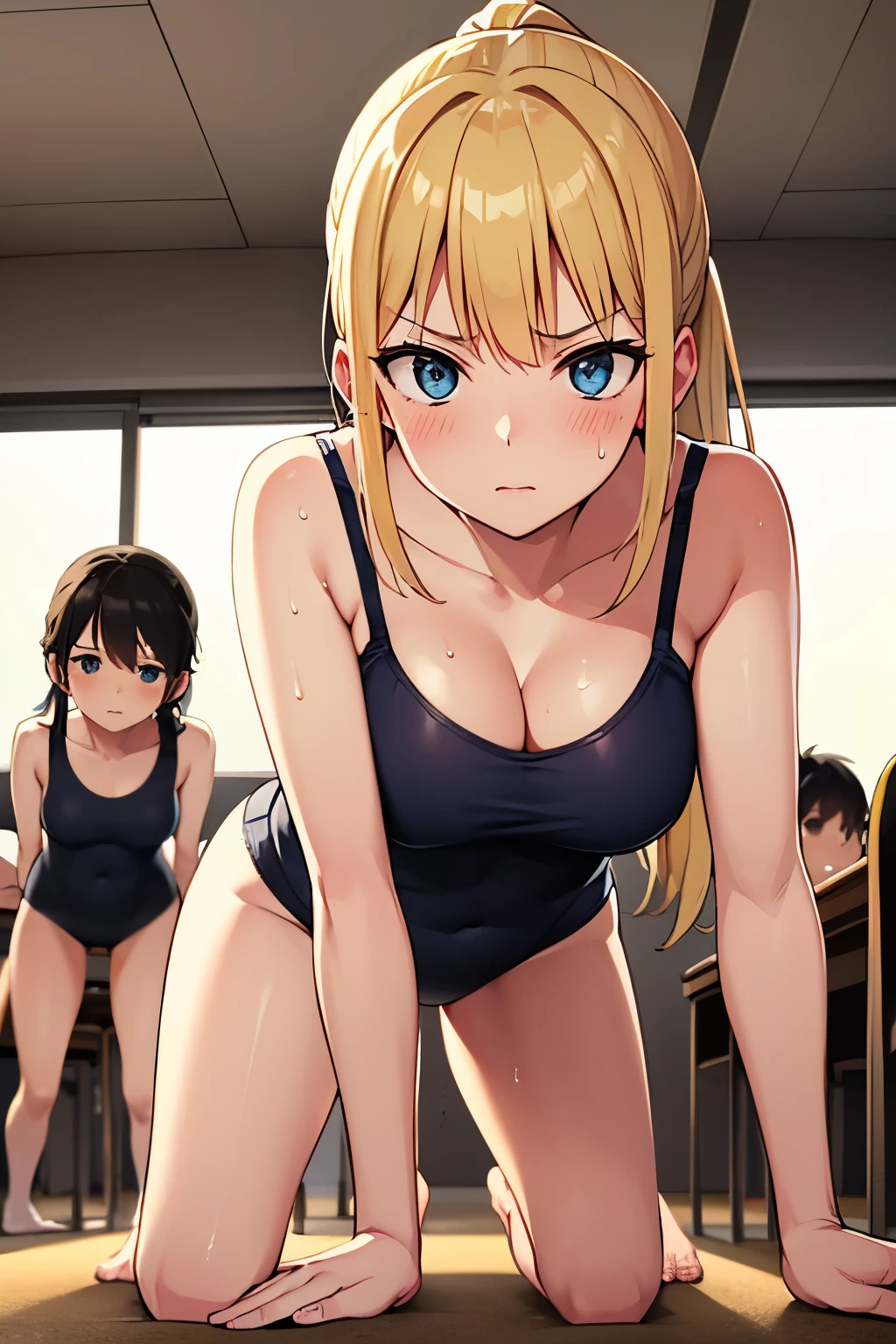 ,classroom,1 high school girl,blonde,ponytail,blue eyes,big breasts,blush,Sweat,serious face,black leotard,Super High Leg Cut,barefoot,backwards,crawl on all fours,(some kids around:1.4),