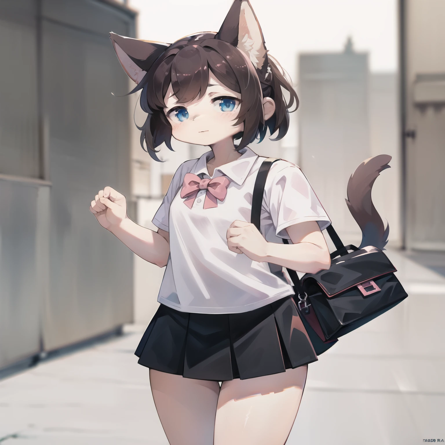 anime girl with a cat ears and a bag walking down a street, cute anime cat femboy, anime cat femboy, beautiful anime cat femboy, anime moe artstyle, attractive cat femboy, femboy, anime style. 8k, anime cat, femboy furry mini cute style, anime femboy with cat ears, a hyperrealistic , nekomimi, cat femboy