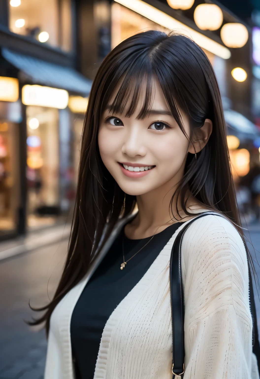 (((Shopping Centre:1.3, outdoor, Photographed from the front))), ((long hair:1.3, black knit,Smile,japanese woman,cute)), (clean, natural makeup), (highest quality, masterpiece:1.3, 超High resolution), (Super detailed, caustics), (realistic:1.4, RAW shooting), very detailed, High resolution, 16K resolution