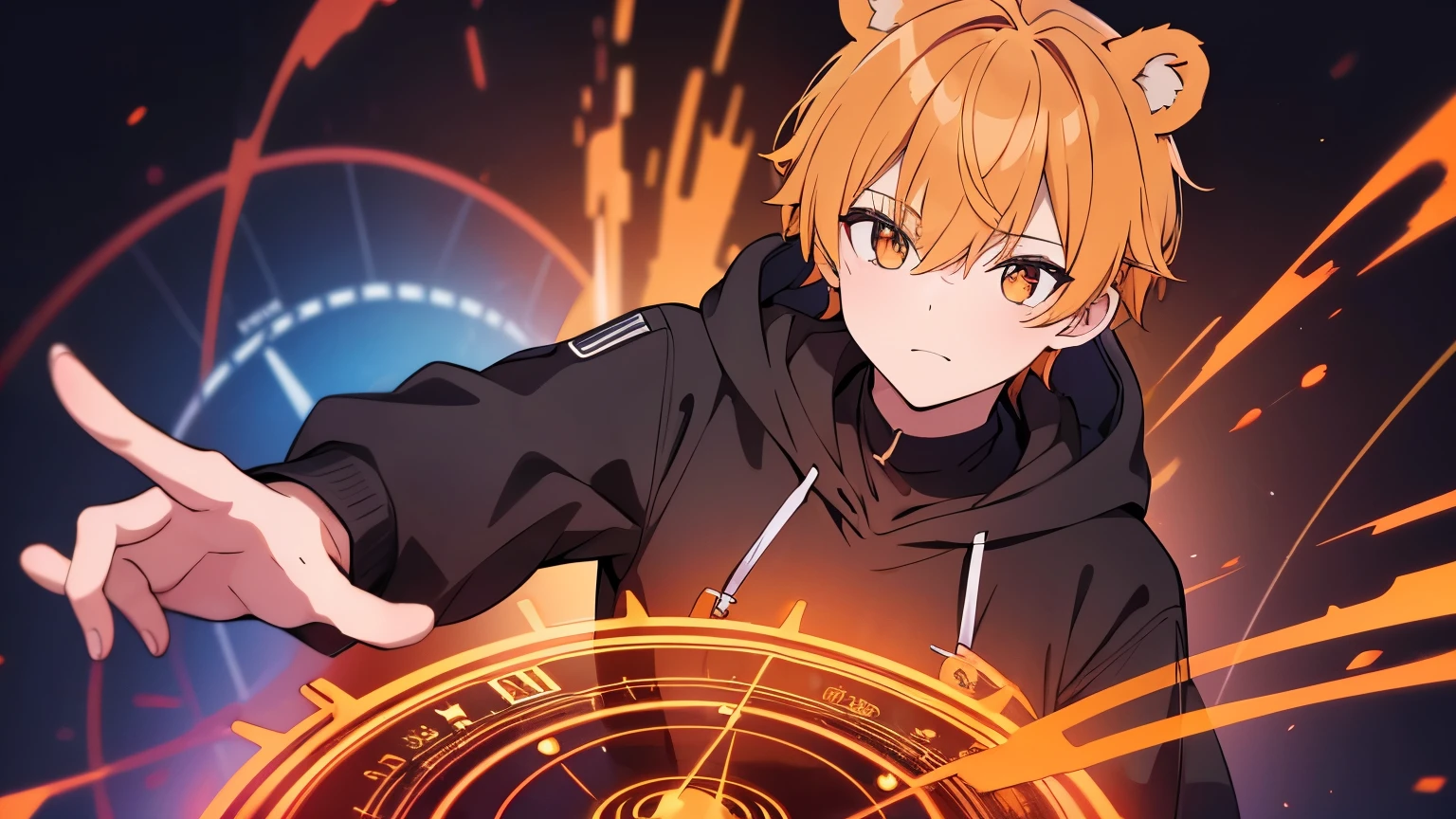 Bear ears Hair color orange ((boy)) golden line on black hoodie ((magic circle)) Eye color black Super short hair 4K resolution (mocking) Use fire-based techniques