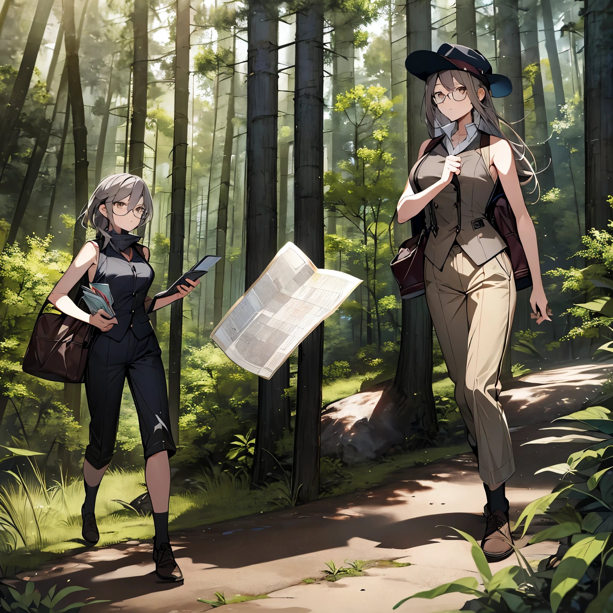 A woman wearing a sleeveless suit, brown adventurer pants, gray hair, brown eyes, with explorer equipment, walking in a forest, holding a map, wearing glasses, high resolution, masterpiece, very detailed, 4h HD
