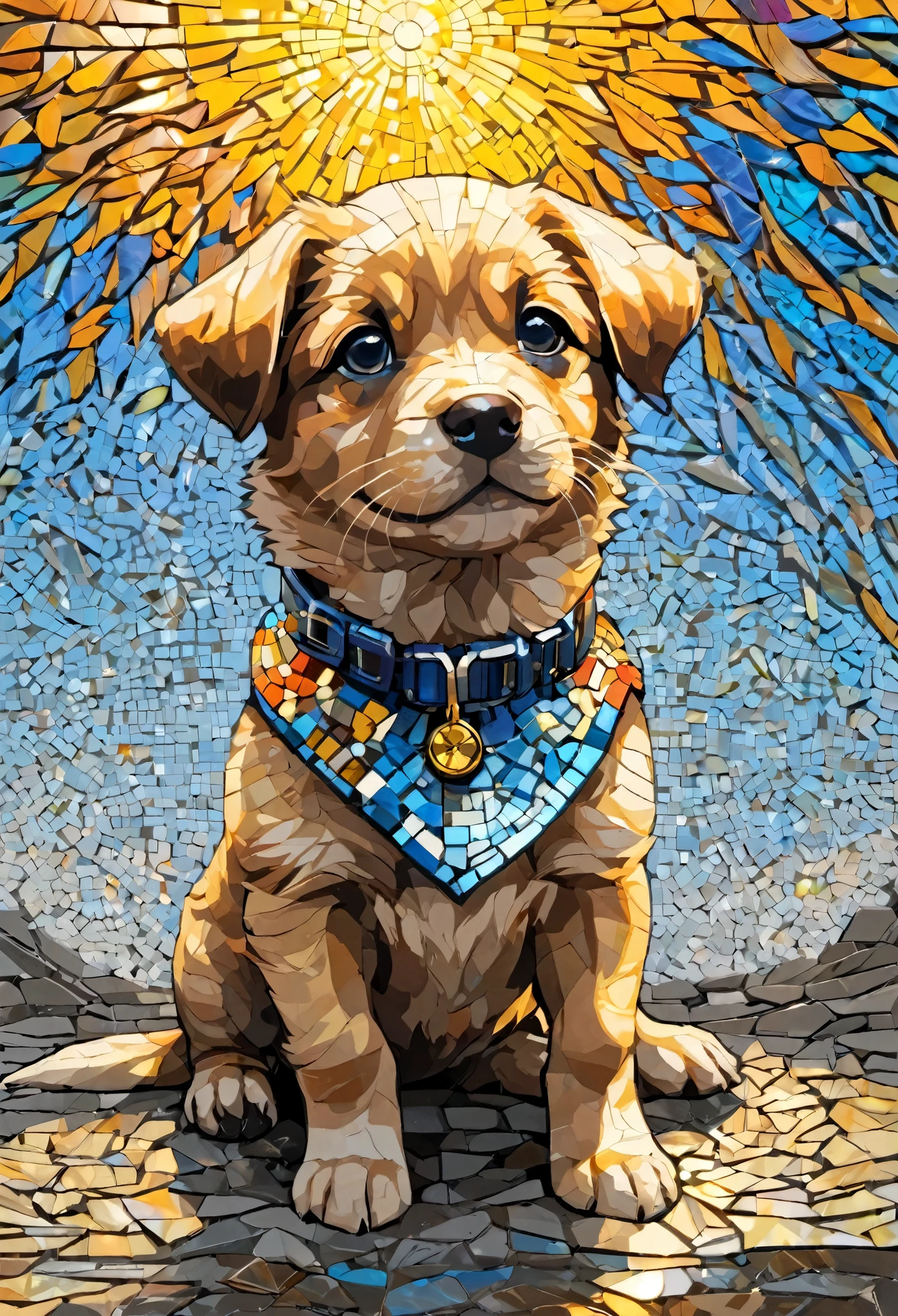 Portrait of puppy adventurer ,radiation mosaic:1.2, catch the sun:0.8, Like shards of glass that infuse warmth and energy into the space:0.4 Flash and Dance.